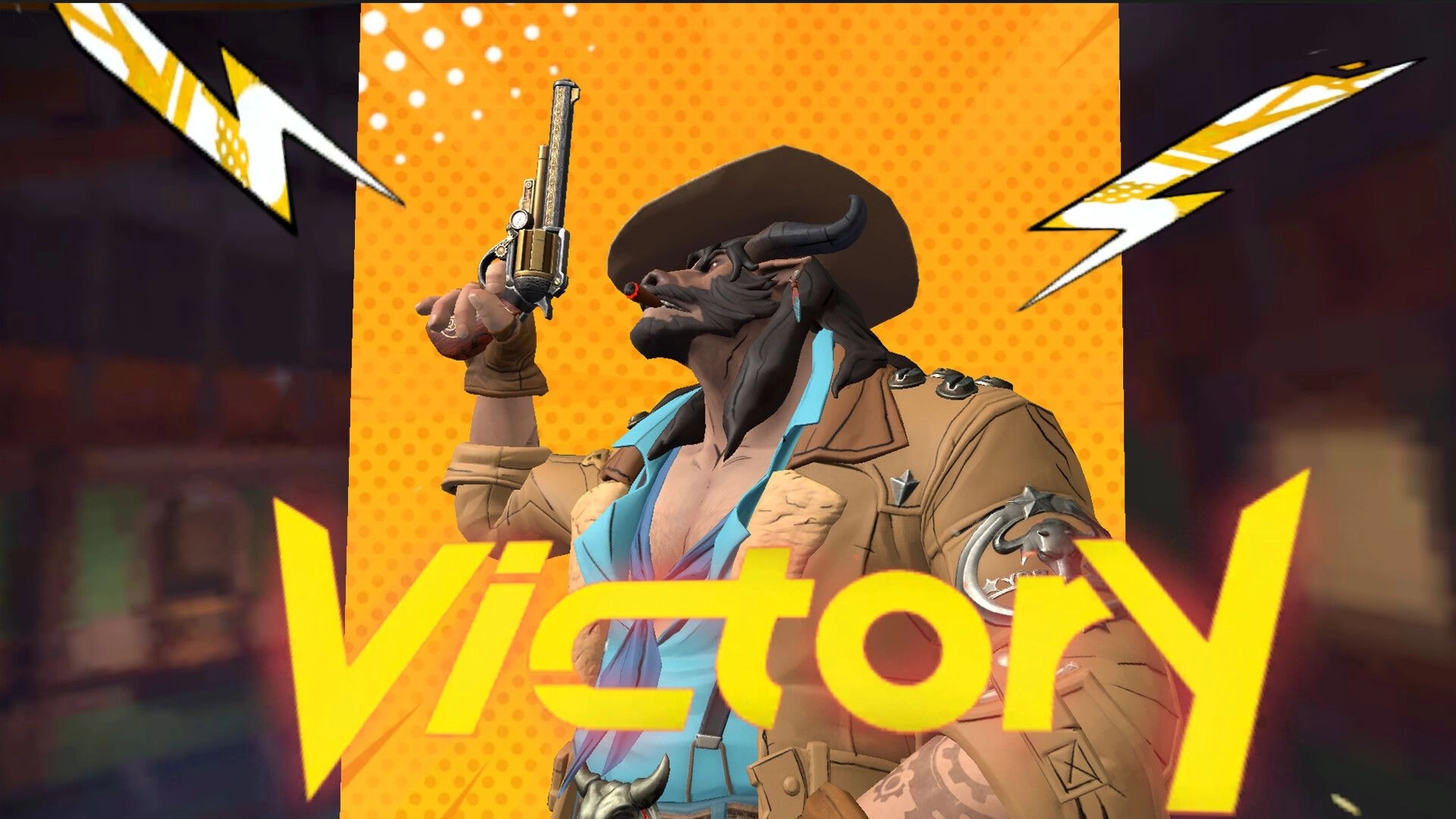 Hunter Roulette: Bull-headed character celebrating victory in vibrant pop-art style background