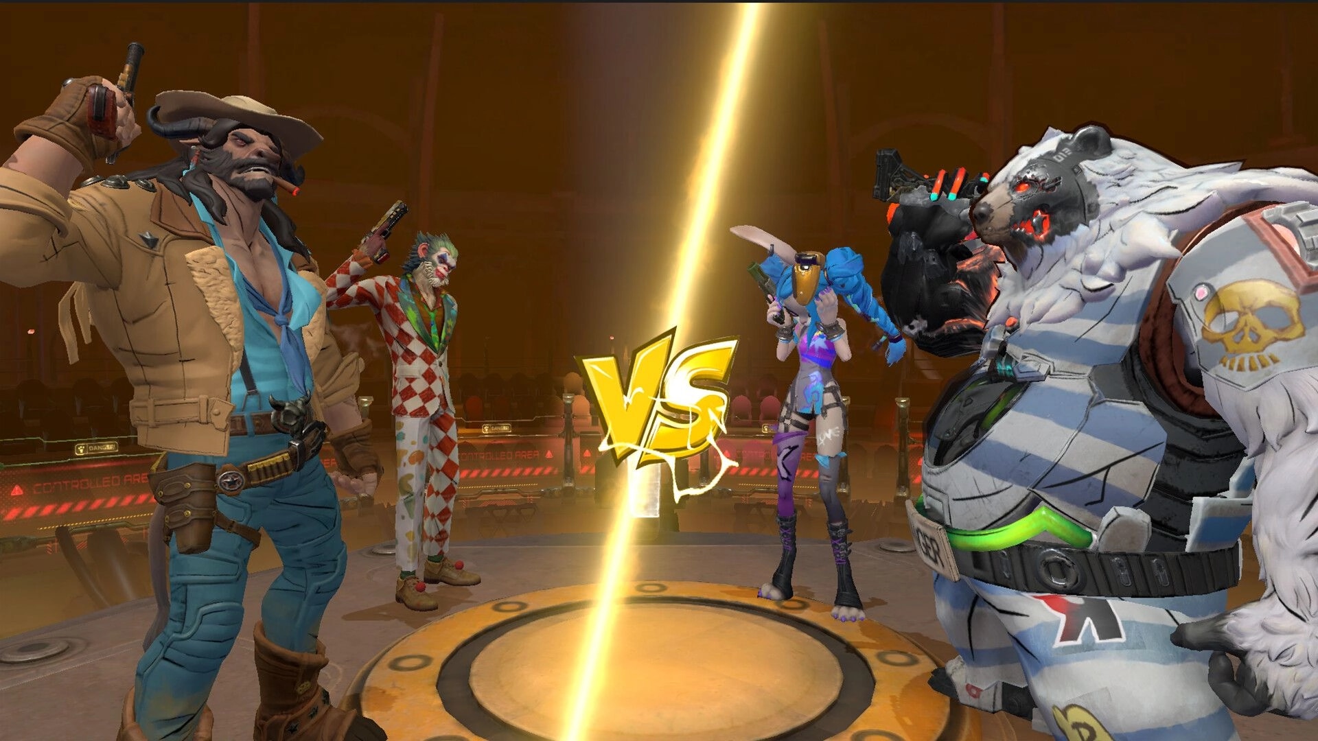 Hunter Roulette: Four diverse characters face off on a circular platform in an arena showdown.