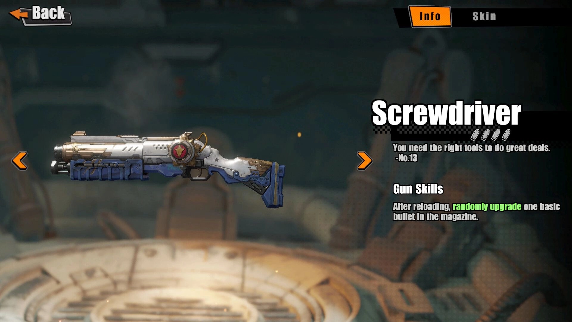 Hunter Roulette: Weapon selection screen displaying the Screwdriver gun with its skills and stats.
