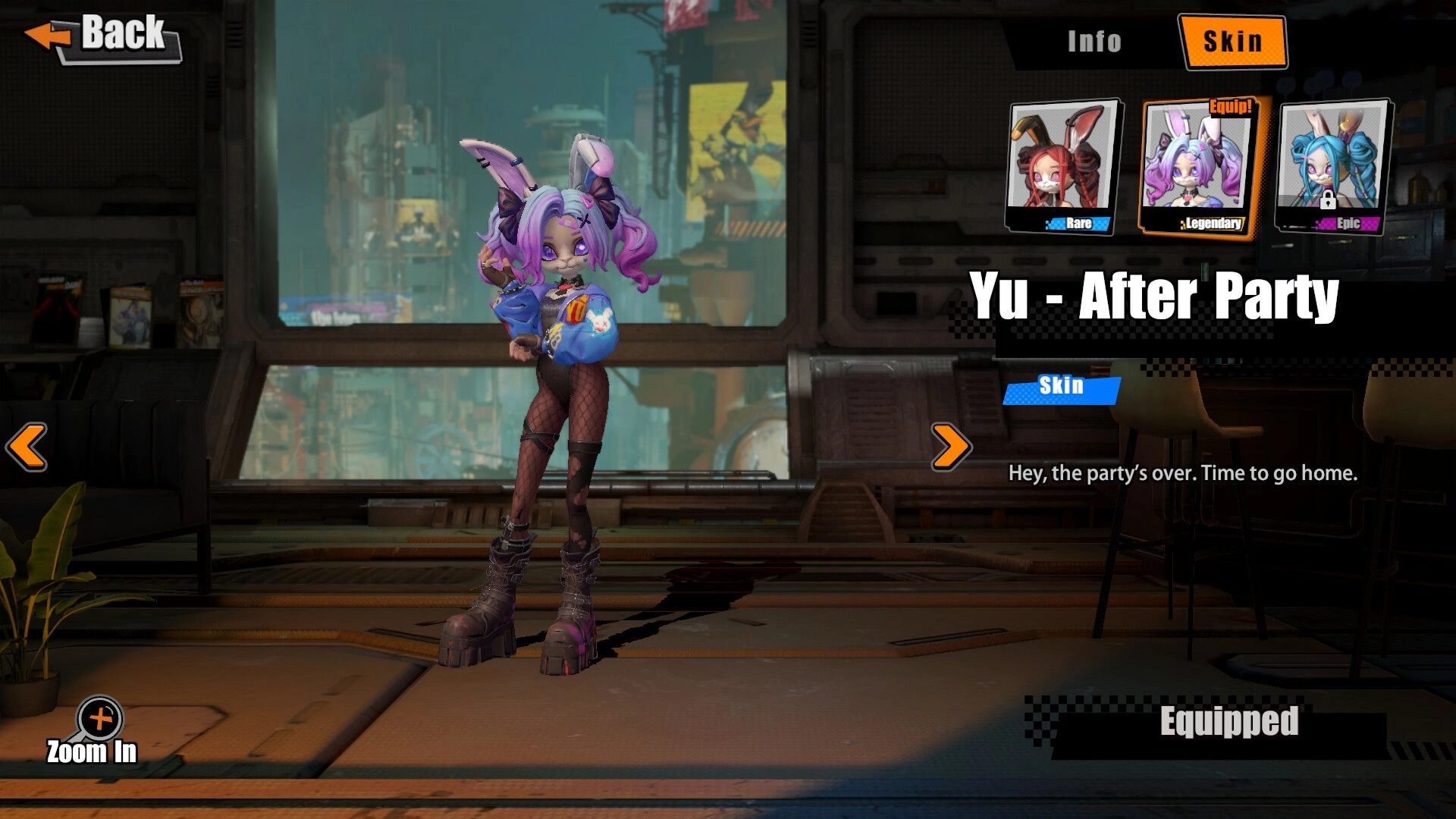 Hunter Roulette: Character customization screen featuring Yu with selectable skins in urban setting.