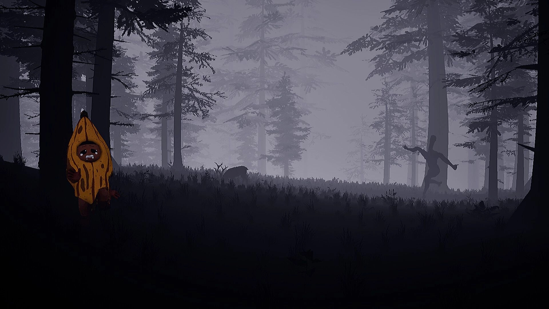 Huntin' Buddies: Player in banana costume hides behind trees as a creature looms in foggy forest.