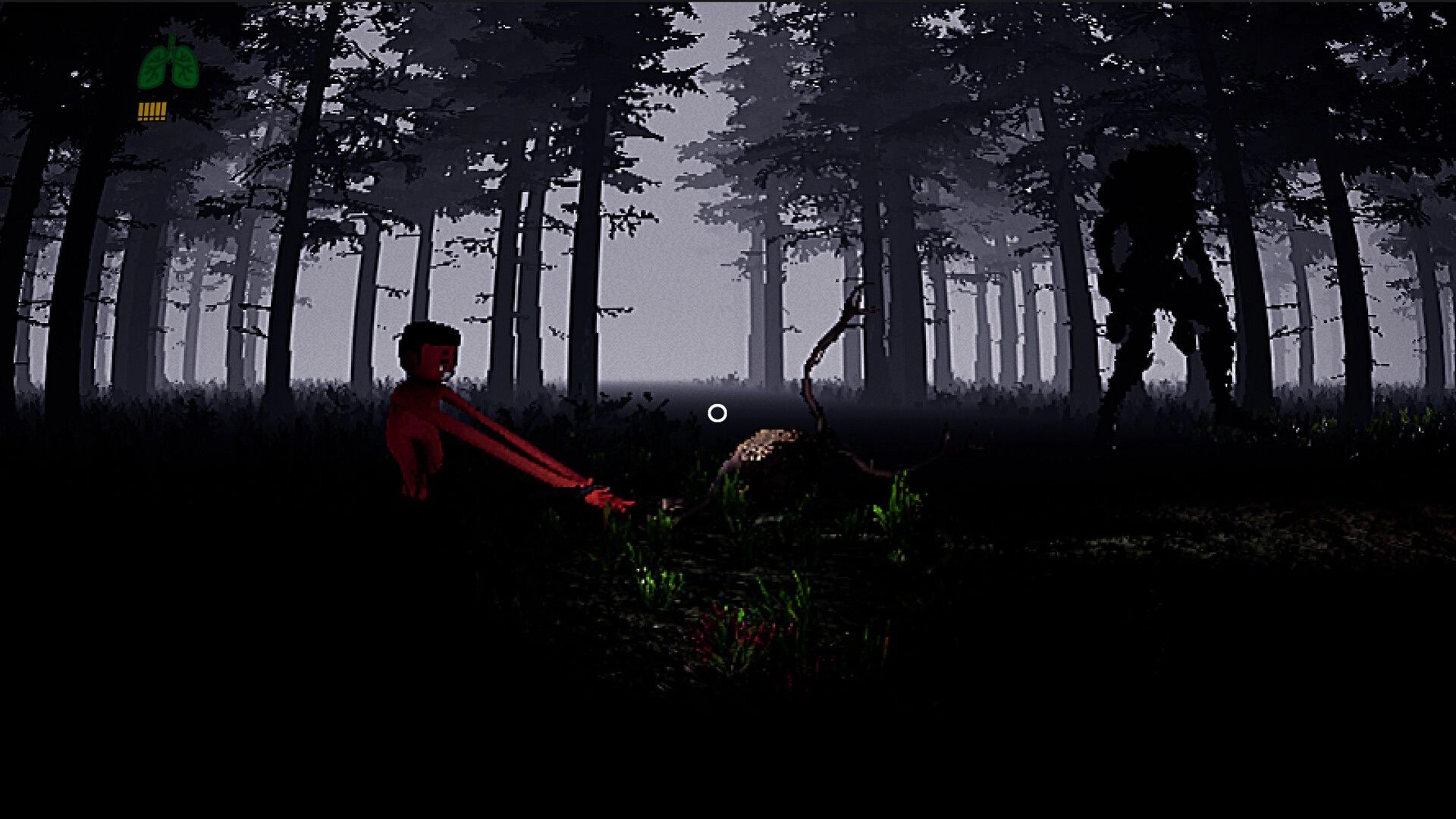 Huntin' Buddies: Player drags a deer carcass in foggy forest as a shadowy monster looms nearby.