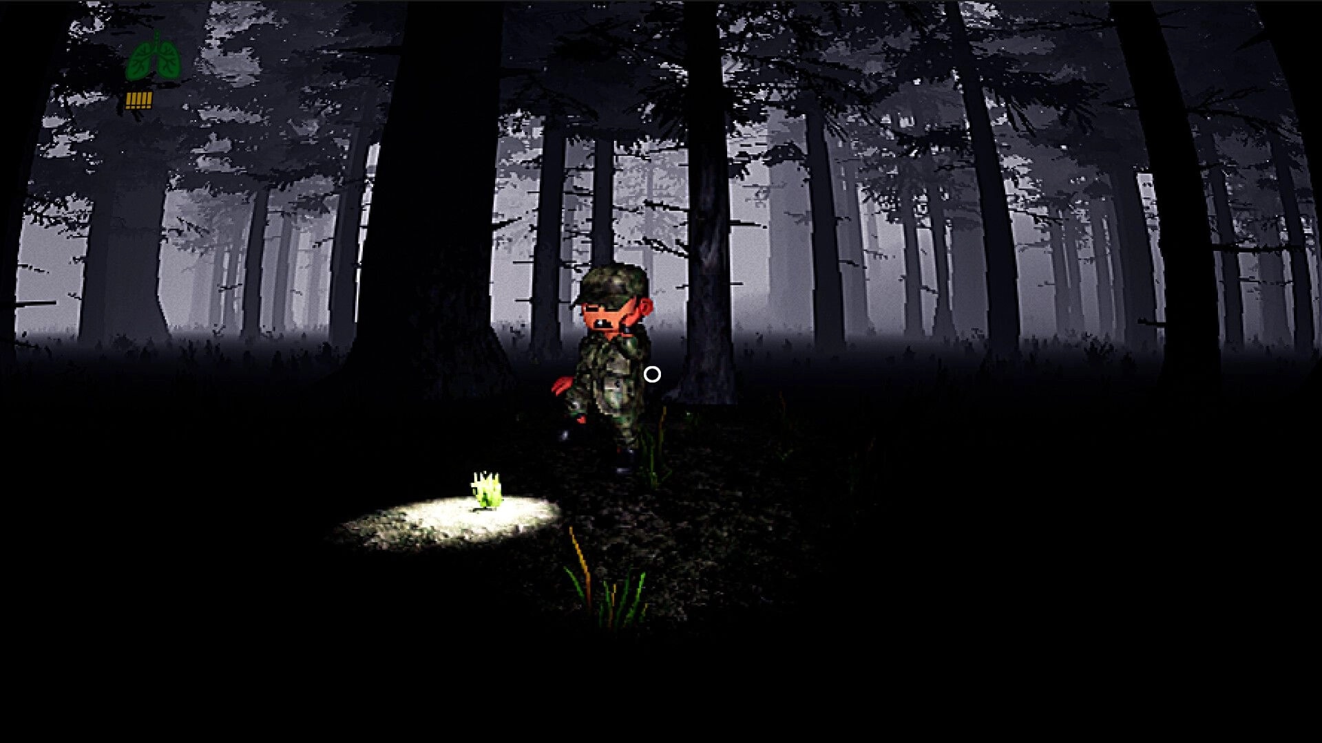 Huntin' Buddies: Camouflaged hunter walking through foggy pine forest at night with stamina UI icon.