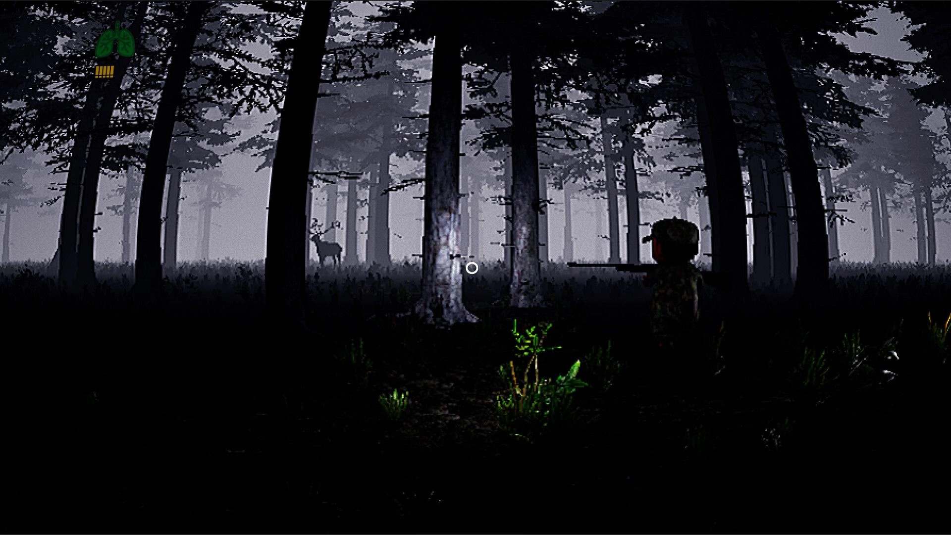 Huntin' Buddies: Player aims rifle at a distant deer in a foggy pine forest with HUD icons.