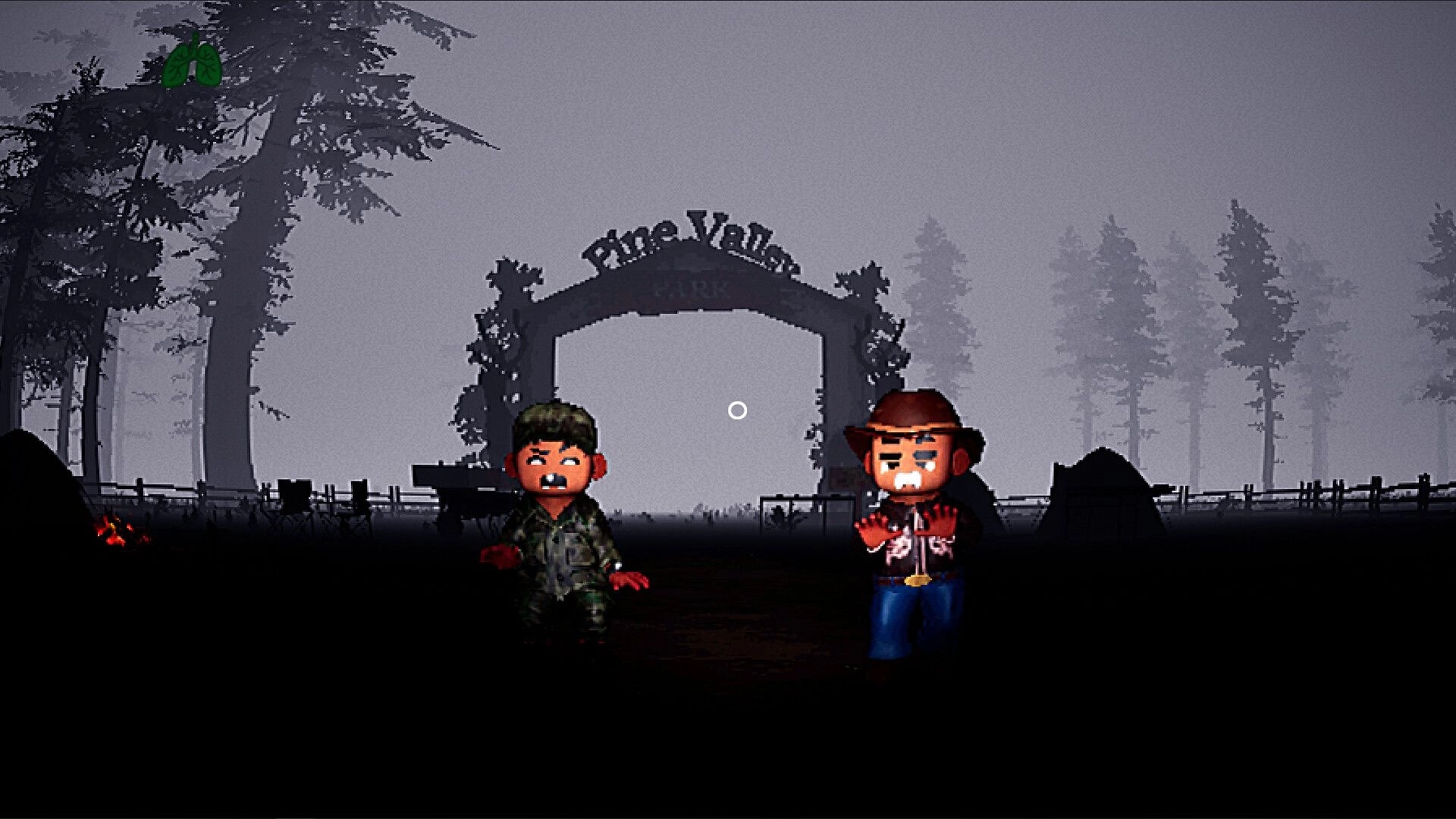 Huntin' Buddies: Two hunters stand by Pine Valley archway in foggy forest, crosshair centered.