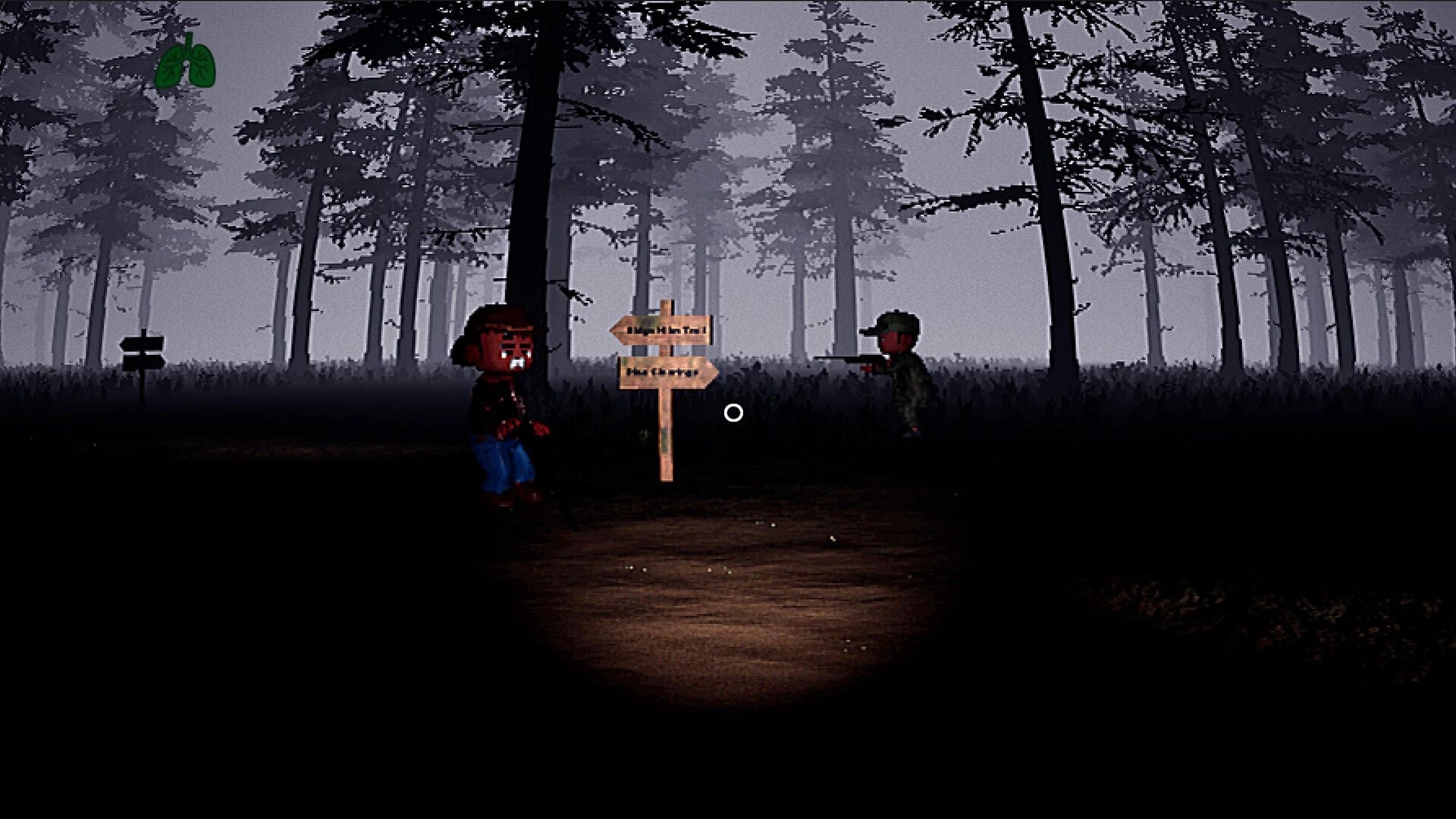 Huntin' Buddies: Two hunters by a wooden trail signpost in a foggy forest, lung UI visible.
