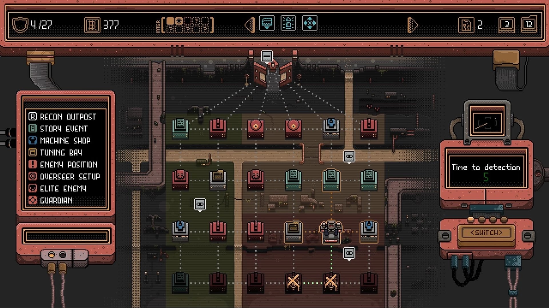 Husk Protocol: City map route screen with node icons, event list panel, and detection timer UI.