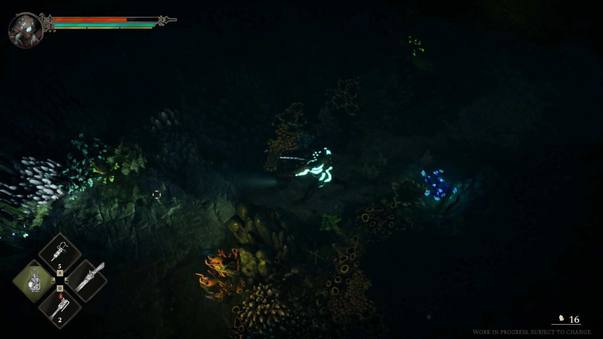 HYDROPUNK: Diver aims harpoon in dark seabed cavern with coral, HUD bars and item wheel visible.
