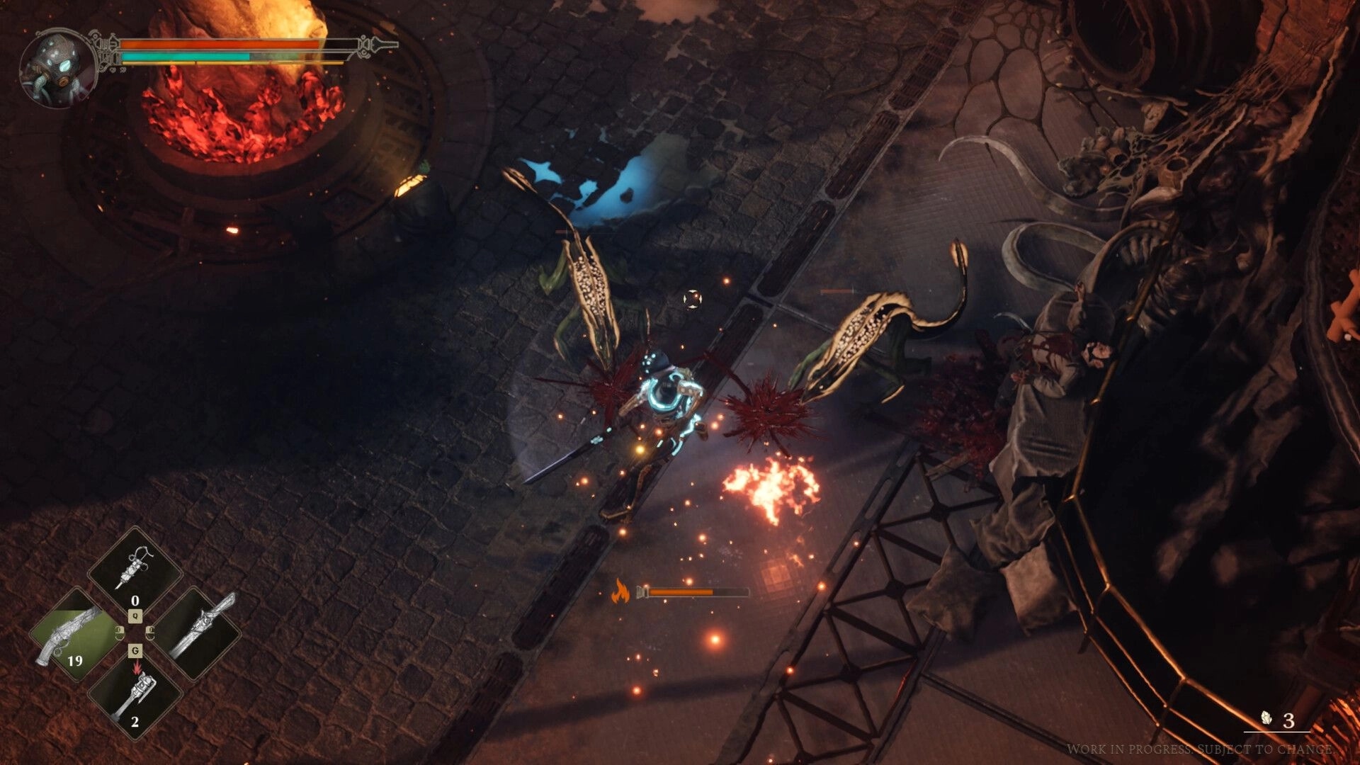 HYDROPUNK: Isometric battle with two eel-like foes, HUD bars and weapon wheel in a grim corridor.
