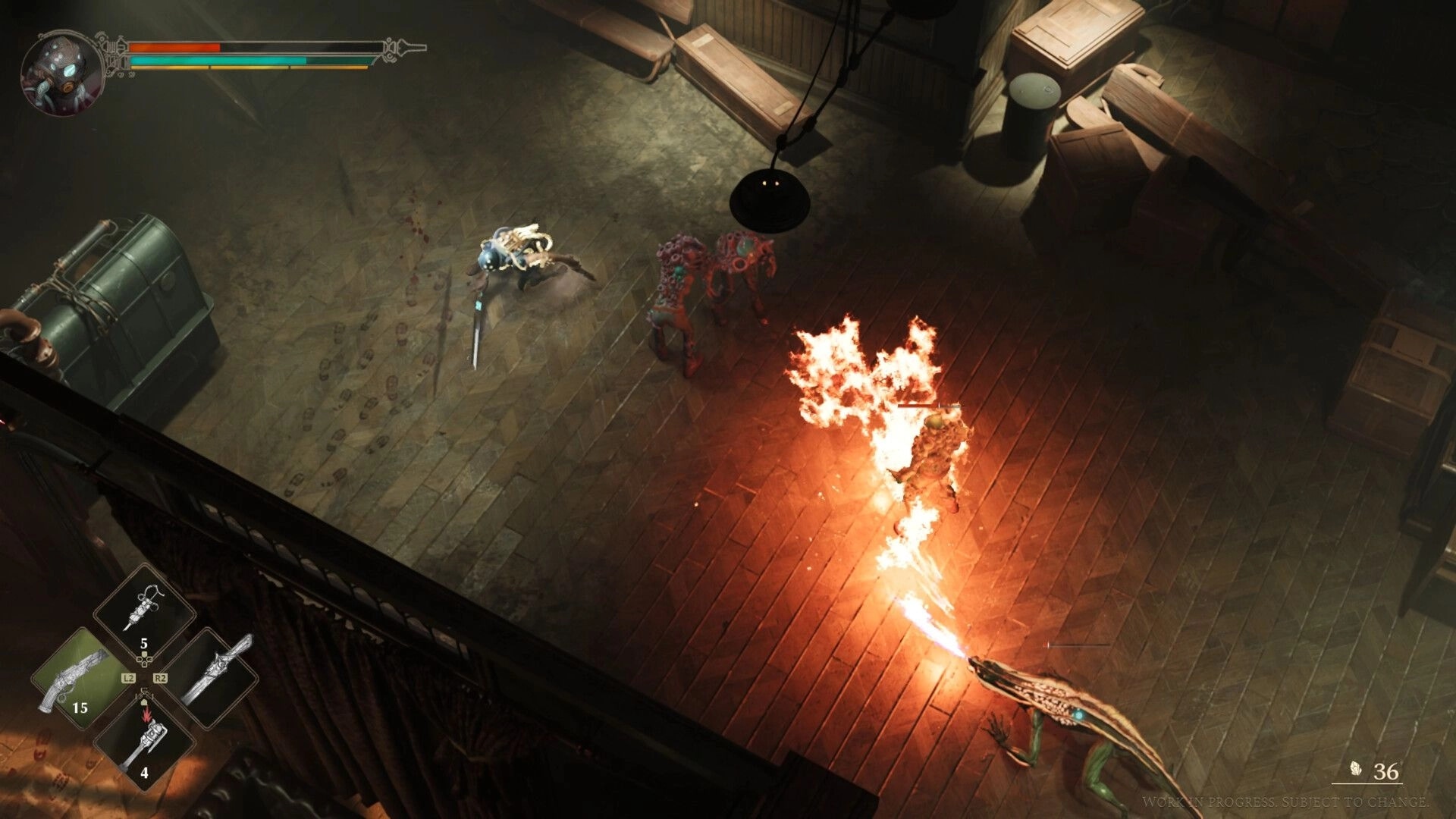 HYDROPUNK: Isometric combat as a flamethrower blasts mutants in a crate-filled warehouse room UI visible.