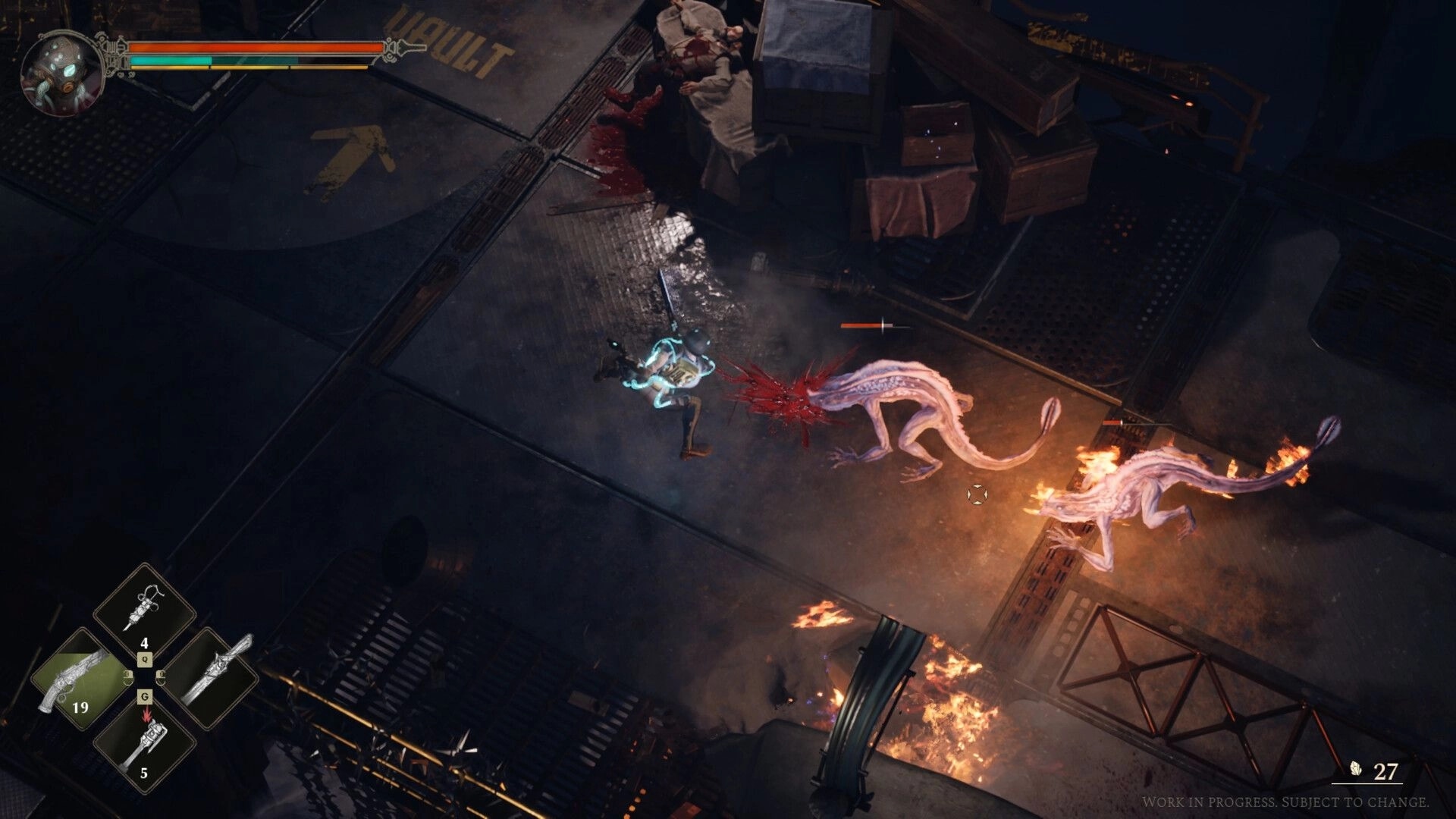 HYDROPUNK: Isometric combat as diver-suited player slashes two pale beasts on smoky metal deck UI HUD visible.