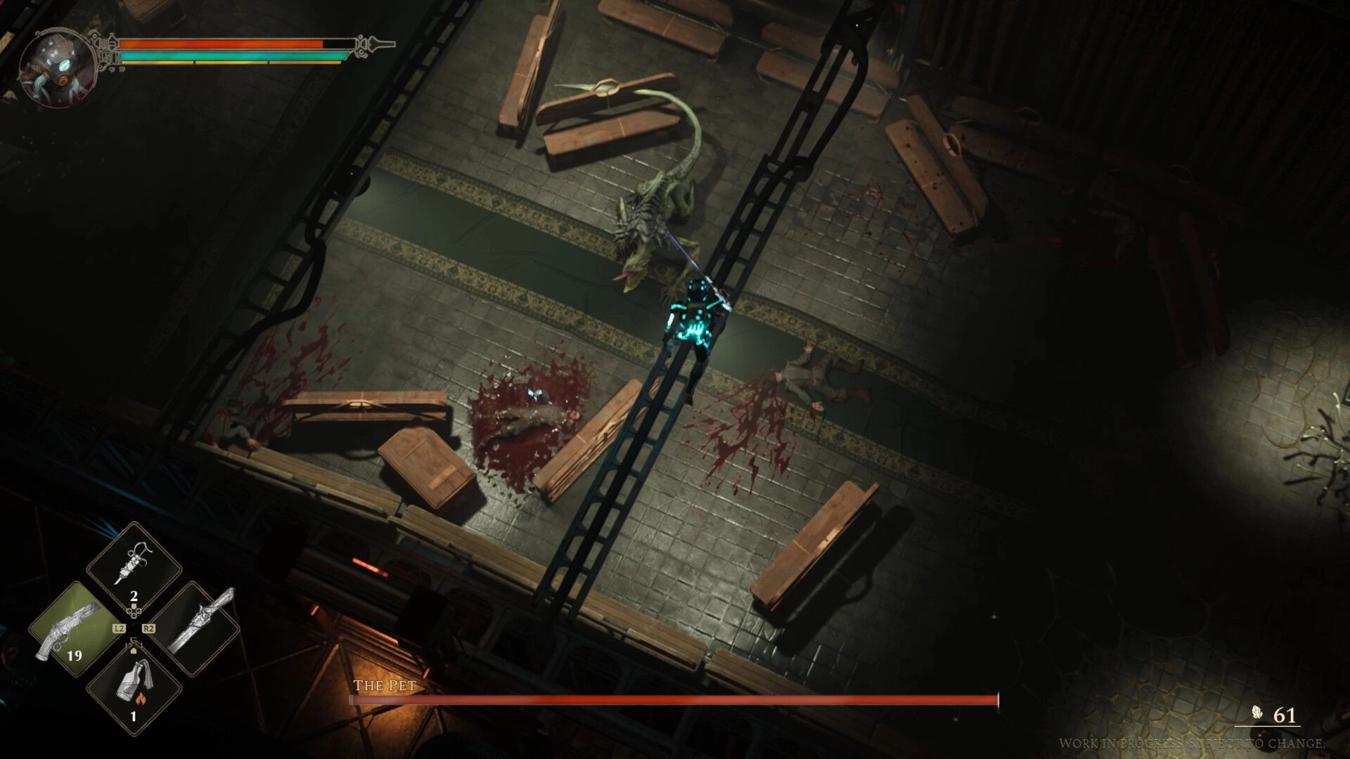 HYDROPUNK: Boss fight with The Pet as a glowing diver aims a tether in a bloodstained corridor.