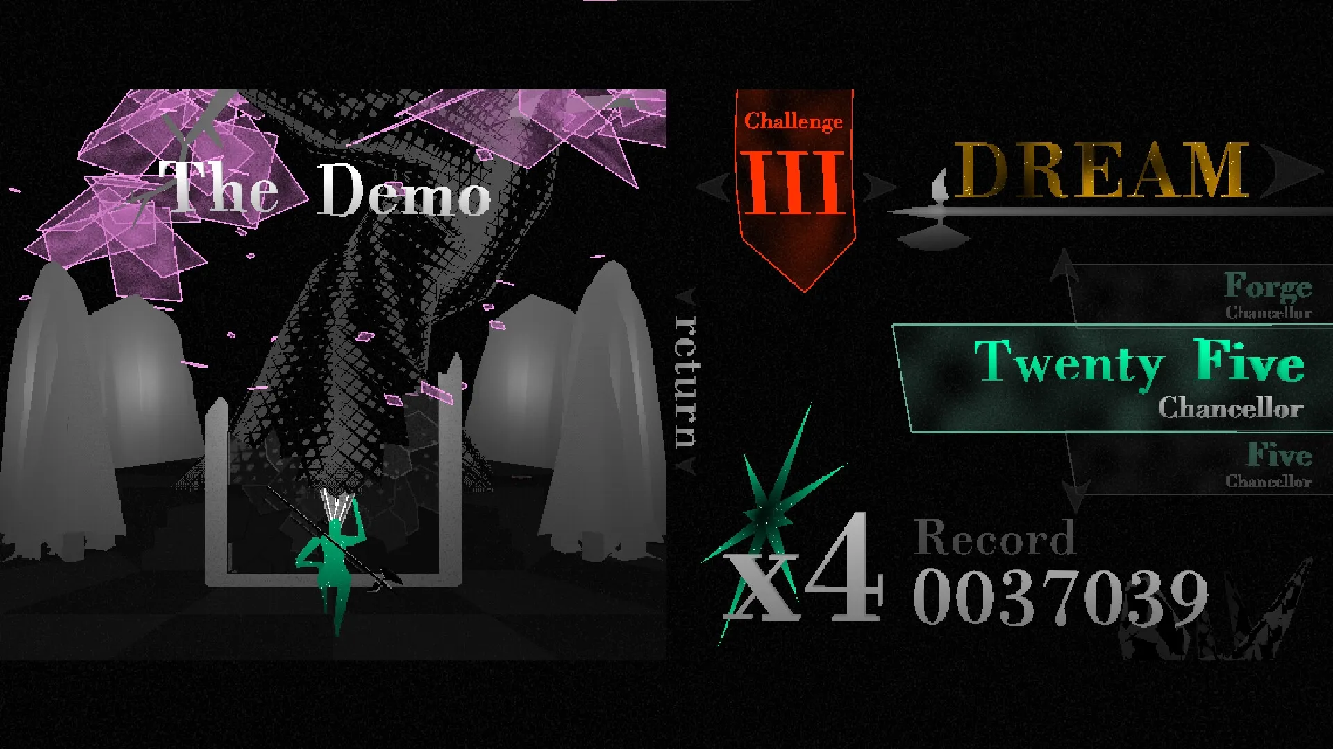 HYPERBEAT: Character stands before abstract structure with floating shards, Challenge III active on screen