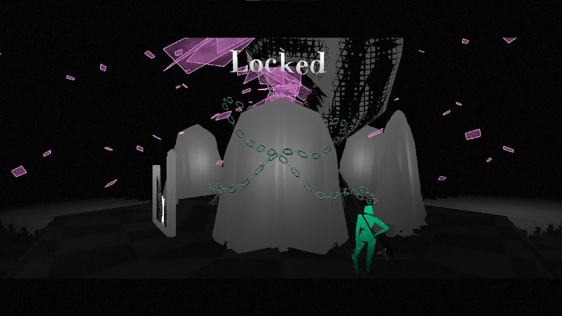 HYPERBEAT: Character in green stands before chained pillars with "Locked" text in dark, digital realm.