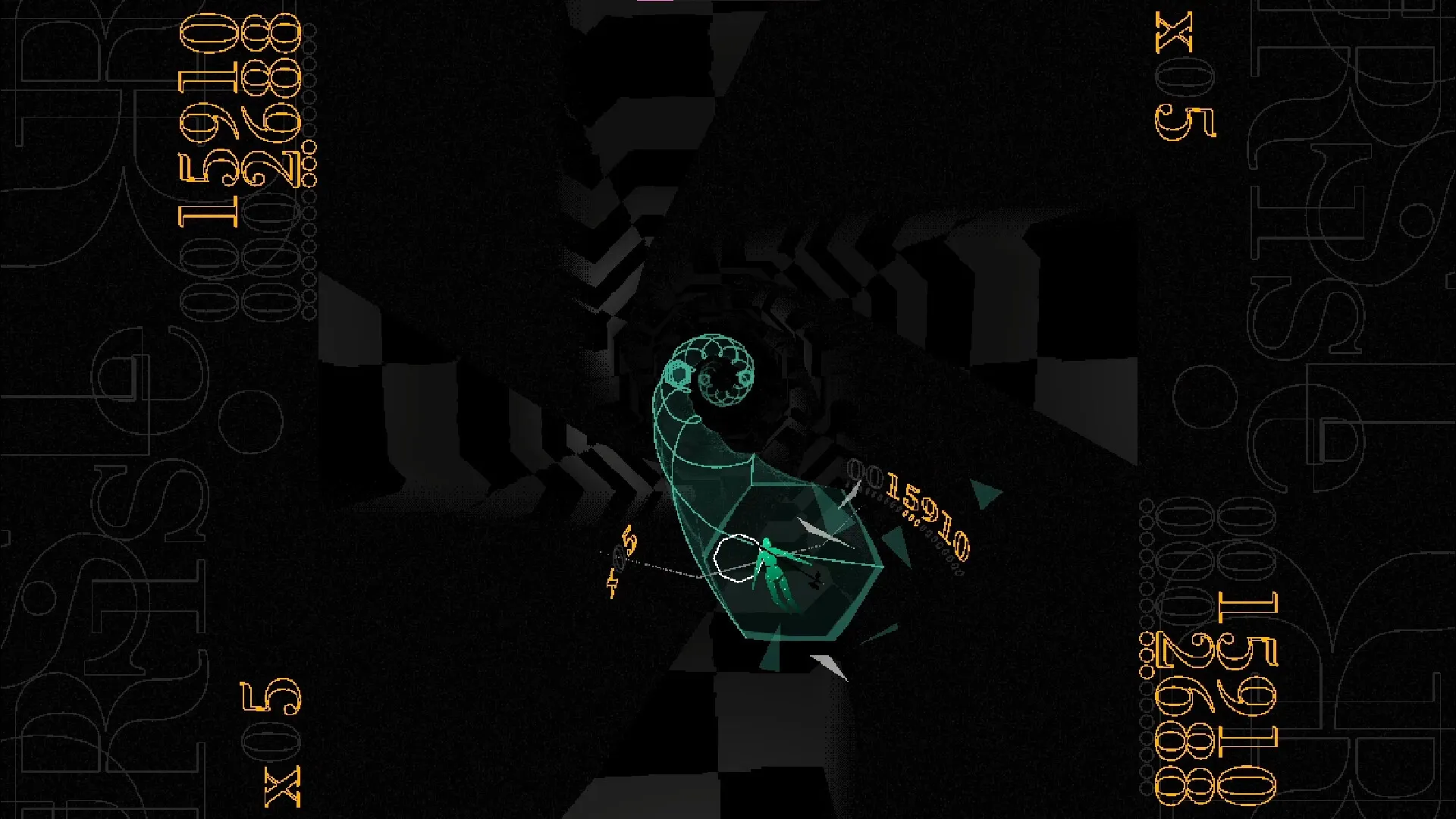 HYPERBEAT: Spiral tunnel navigation with score and multiplier displayed in a dark geometric environment
