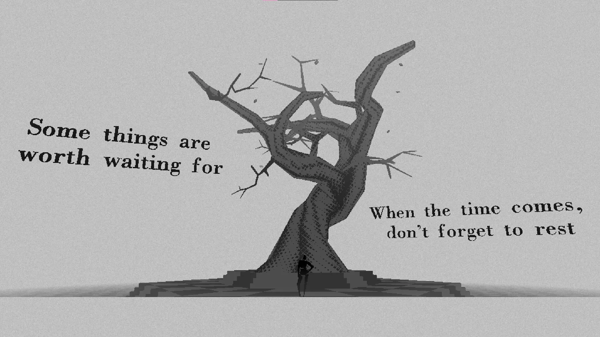 HYPERBEAT: Player stands under a twisted tree with motivational text in a monochrome environment.