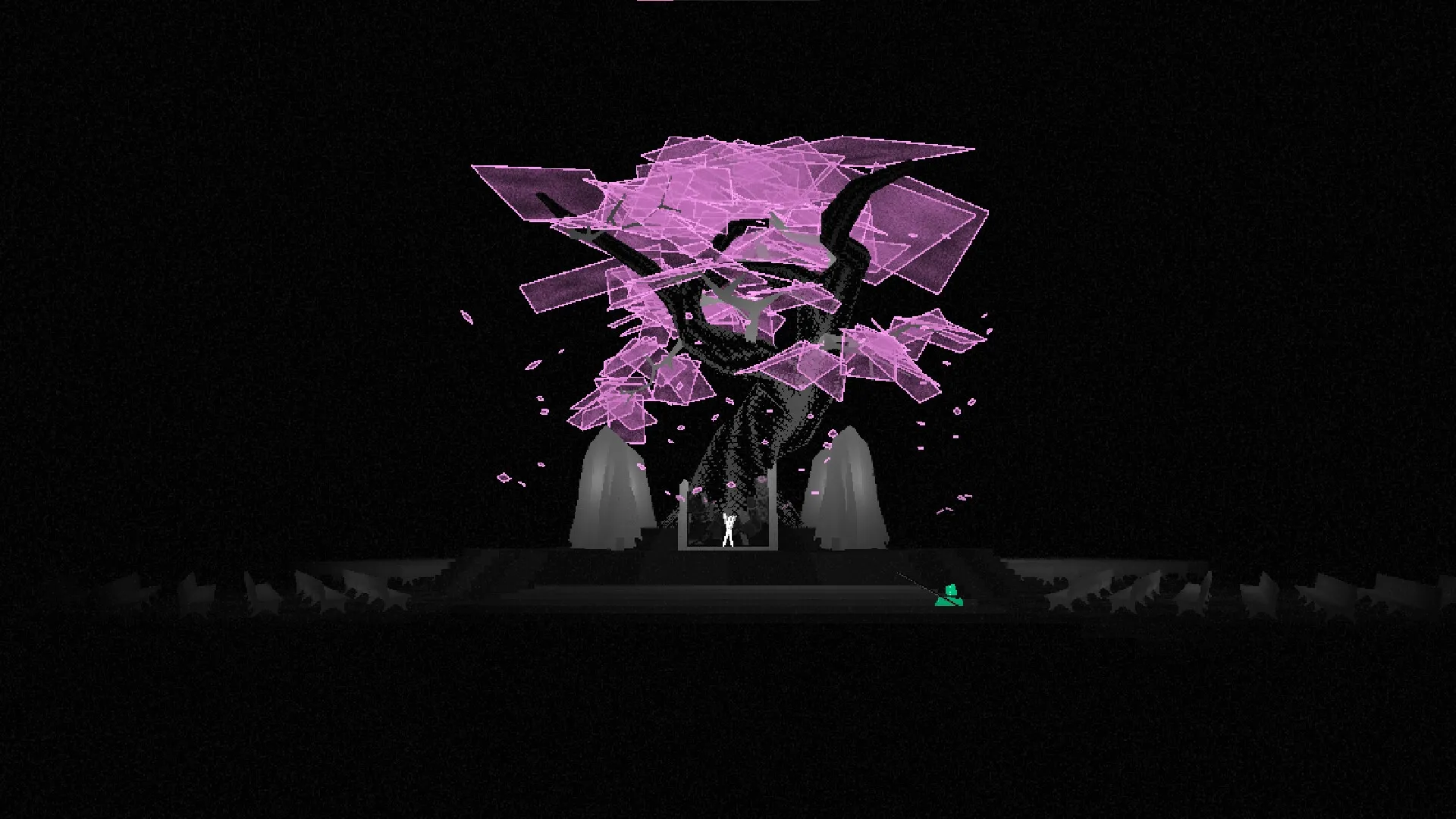 HYPERBEAT: Player stands before a glowing tree with pink geometric leaves in a dark, mysterious arena.