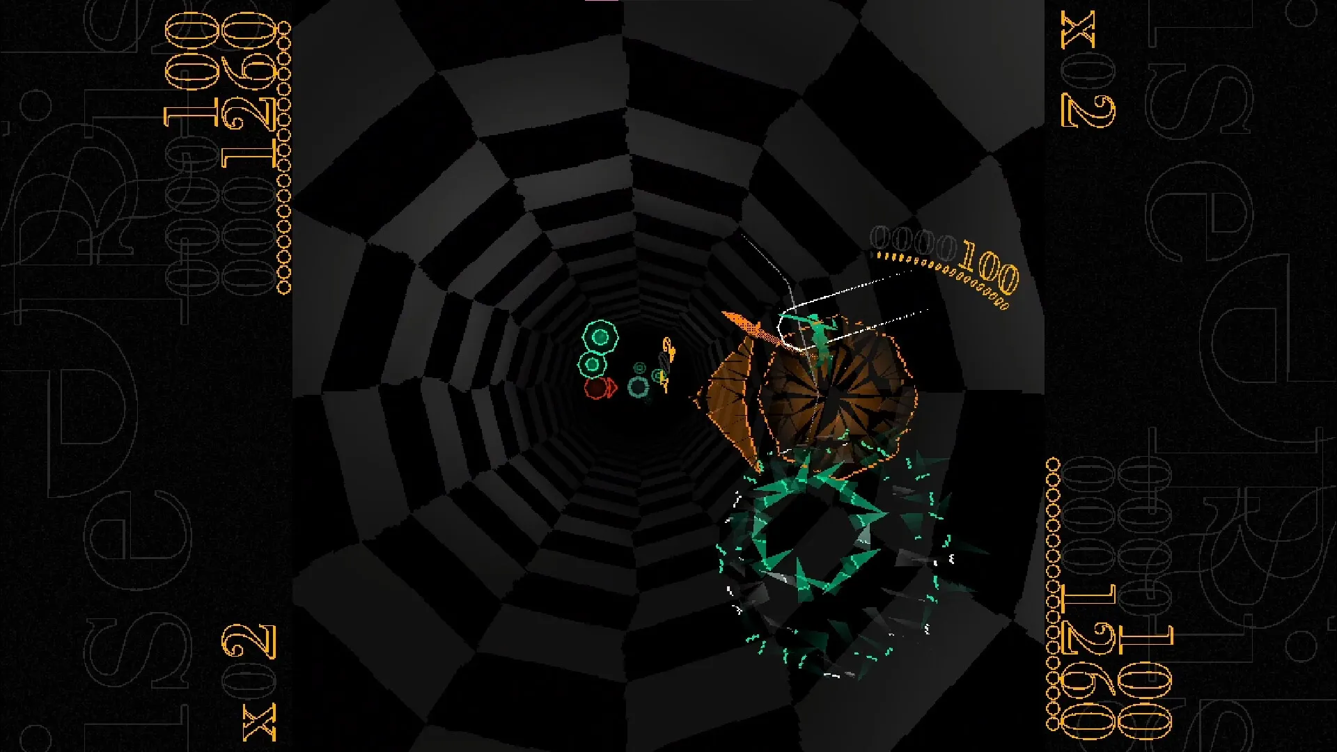 HYPERBEAT: Player navigates through a checkerboard tunnel with glowing geometric targets and score display