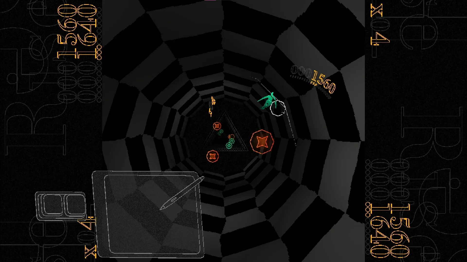 HYPERBEAT: Navigating a tunnel with geometric obstacles and score displayed on a dynamic grid background