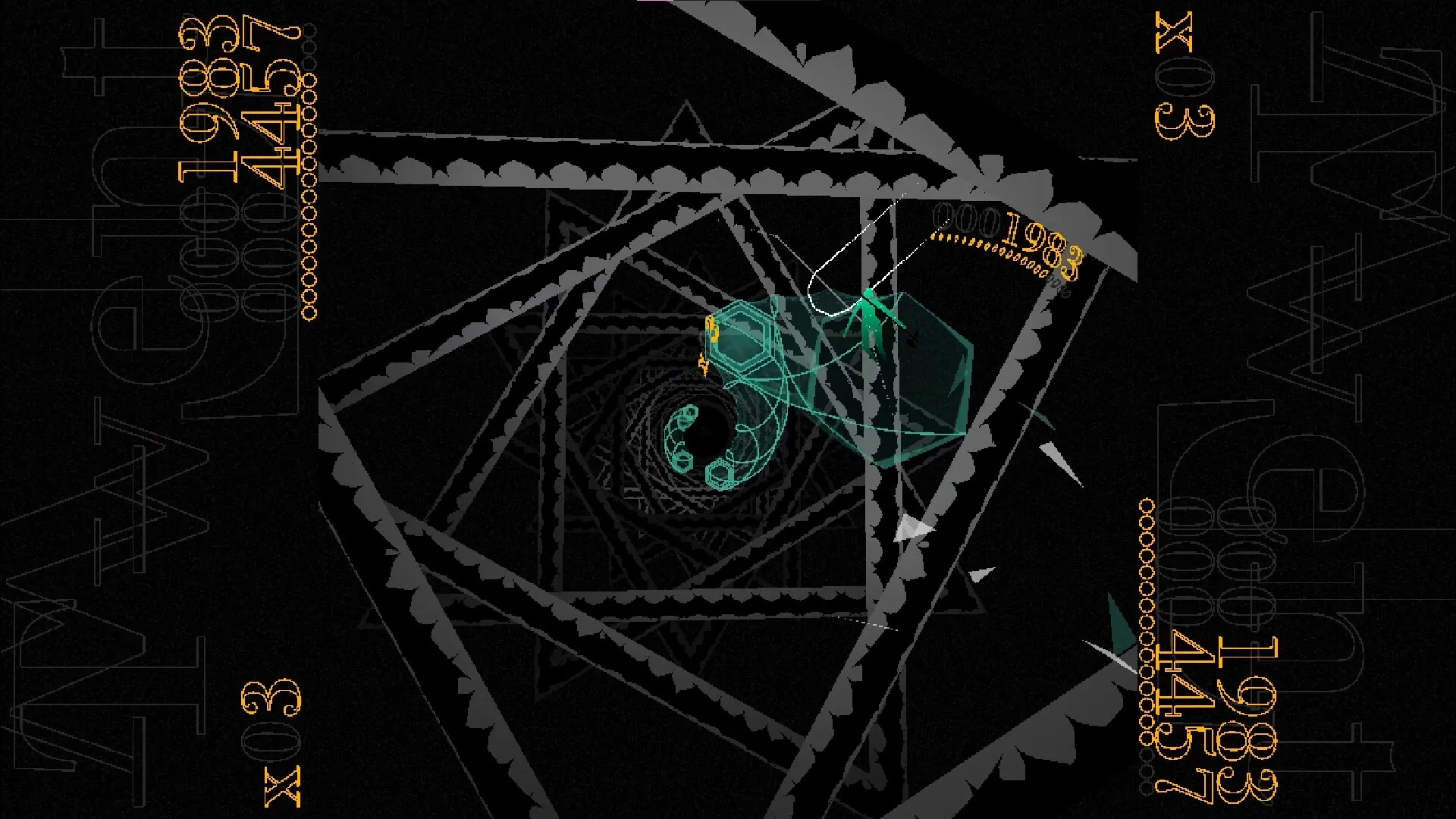 HYPERBEAT: Player navigates a spiral tunnel with score and multiplier displayed in a dark, abstract setting.