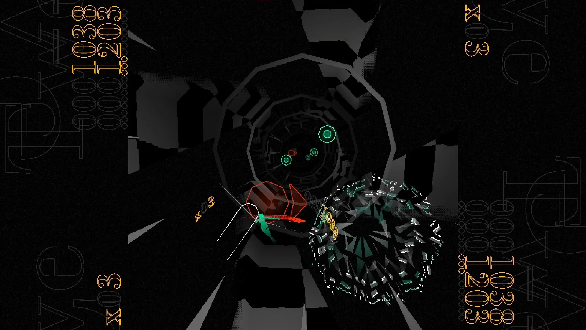HYPERBEAT: Player navigates a twisting tunnel with geometric obstacles and neon targets in dark environment.