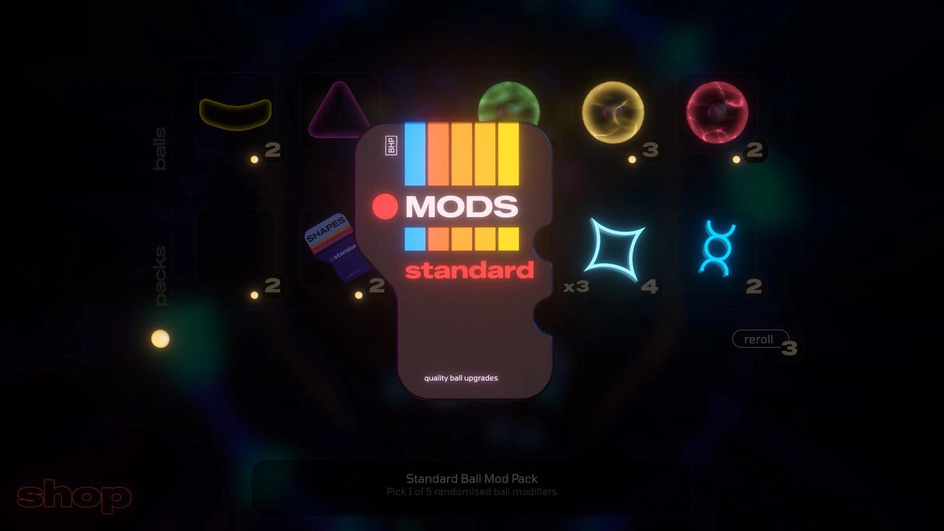 HYPERDROP: Shop mod selection with Standard Ball Mod Pack card and five glowing modifier icons.
