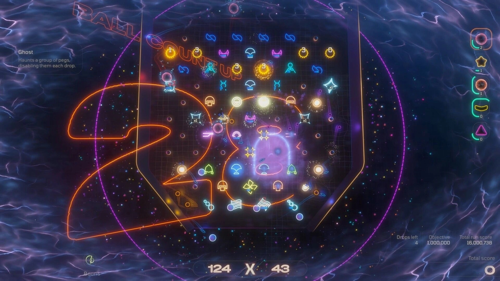 HYPERDROP: Glowing pachinko board packed with pegs and multipliers, run score UI over starfield backdrop.