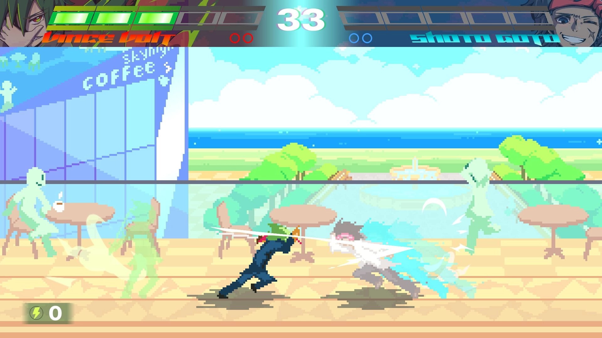 HYPERFIGHT 2: Vince Jolt strikes Shoto Goto in beachside cafe stage, timer 33 and meters shown.