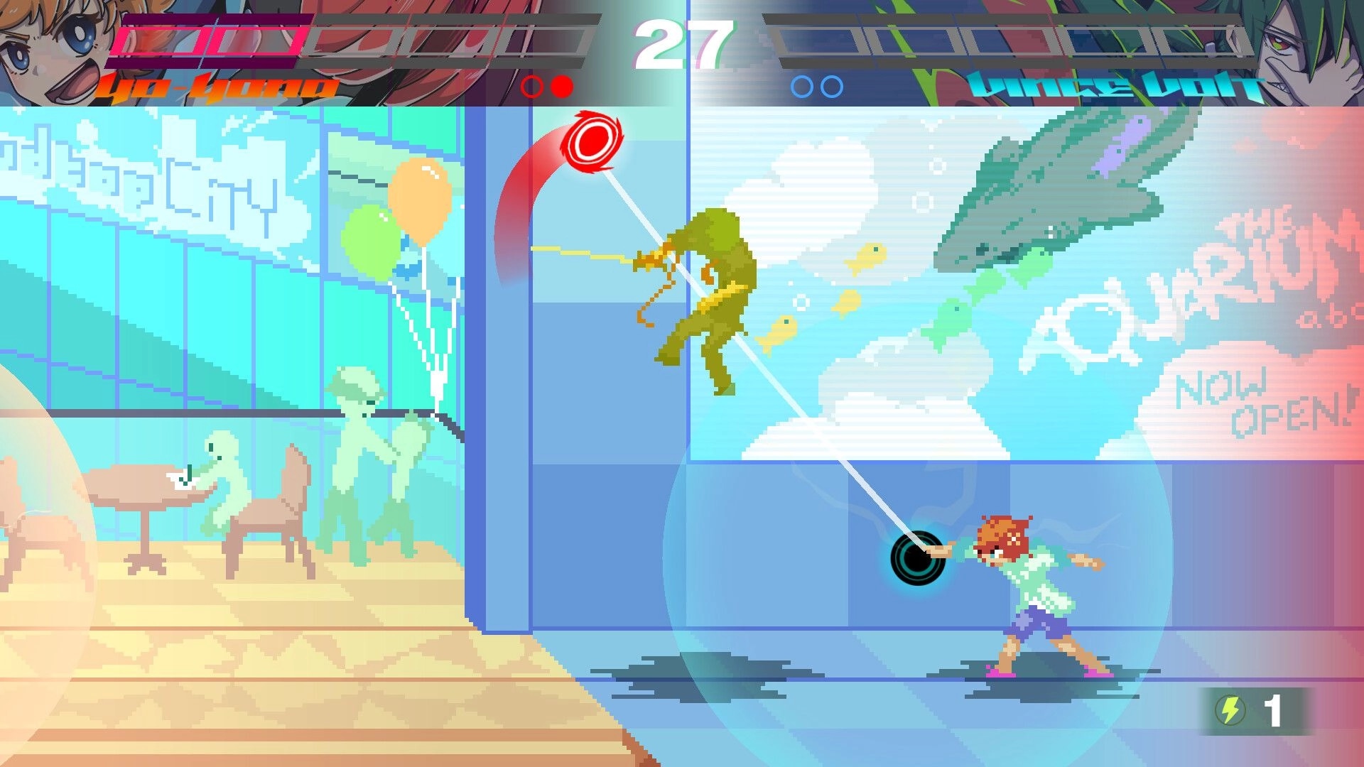 HYPERFIGHT 2: Player swings a tethered attack at airborne foe in mall stage, timer at 27 overhead.