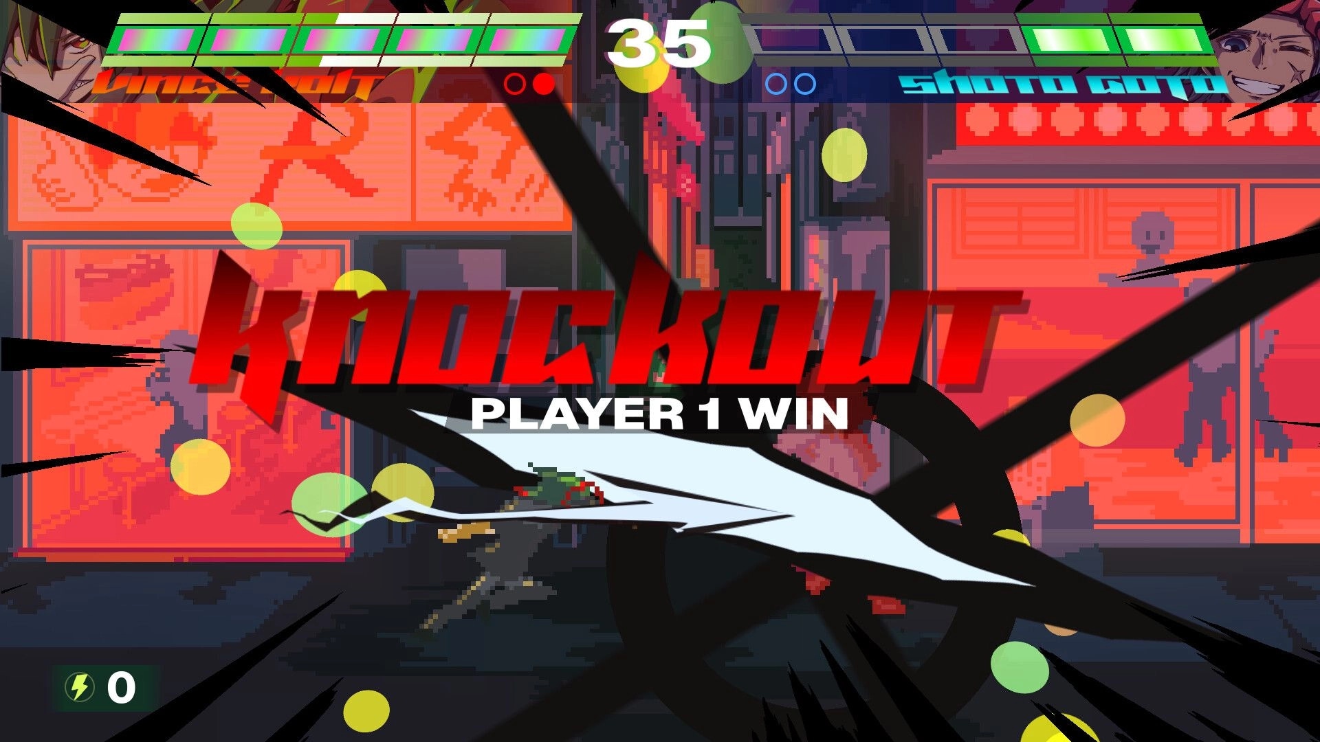 HYPERFIGHT 2: Knockout screen with Player 1 win banner, meter bars and timer in neon dojo stage.