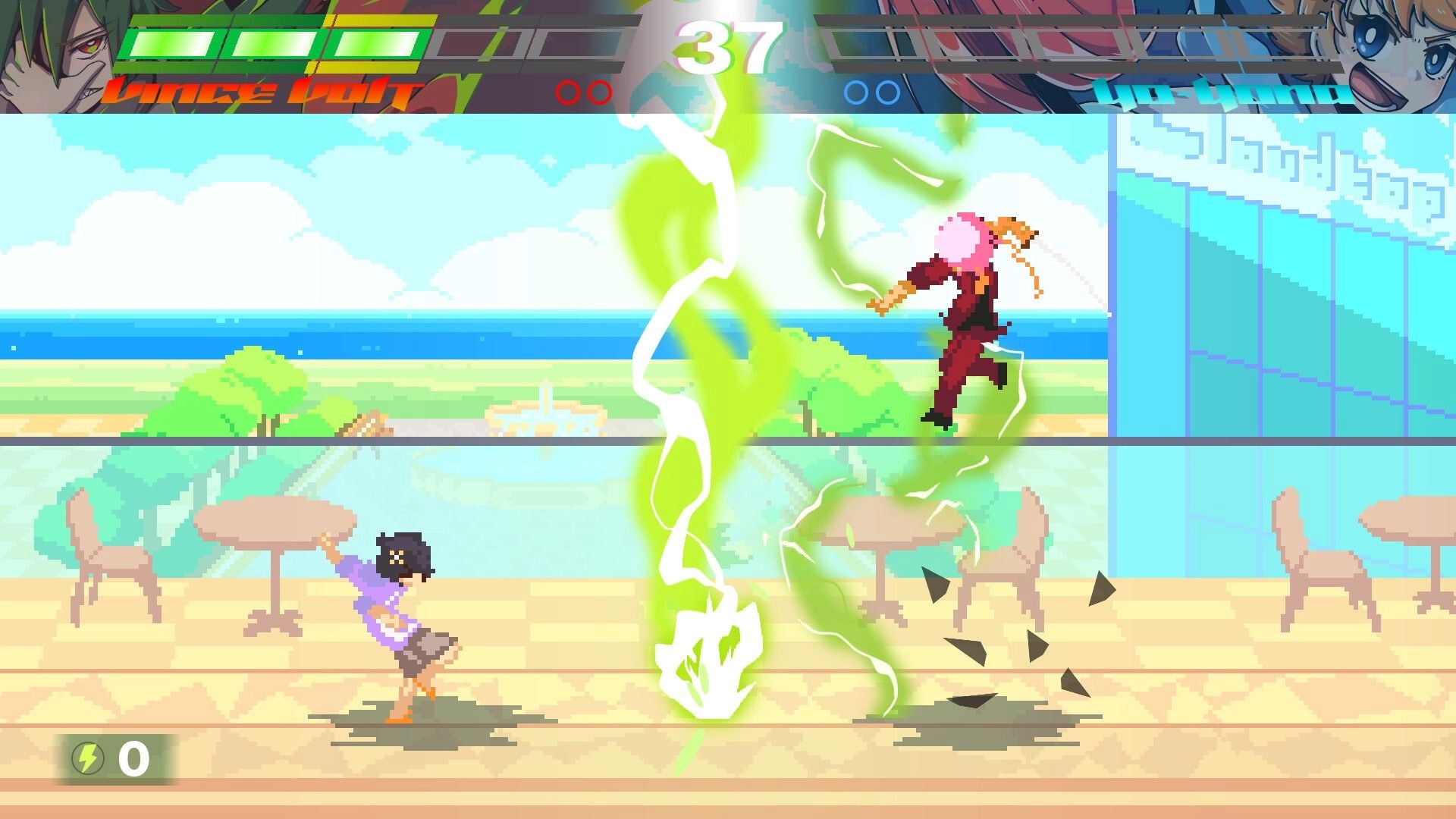 HYPERFIGHT 2: Fighter dodges a green lightning strike on a seaside cafe stage with meter UI and timer 37.