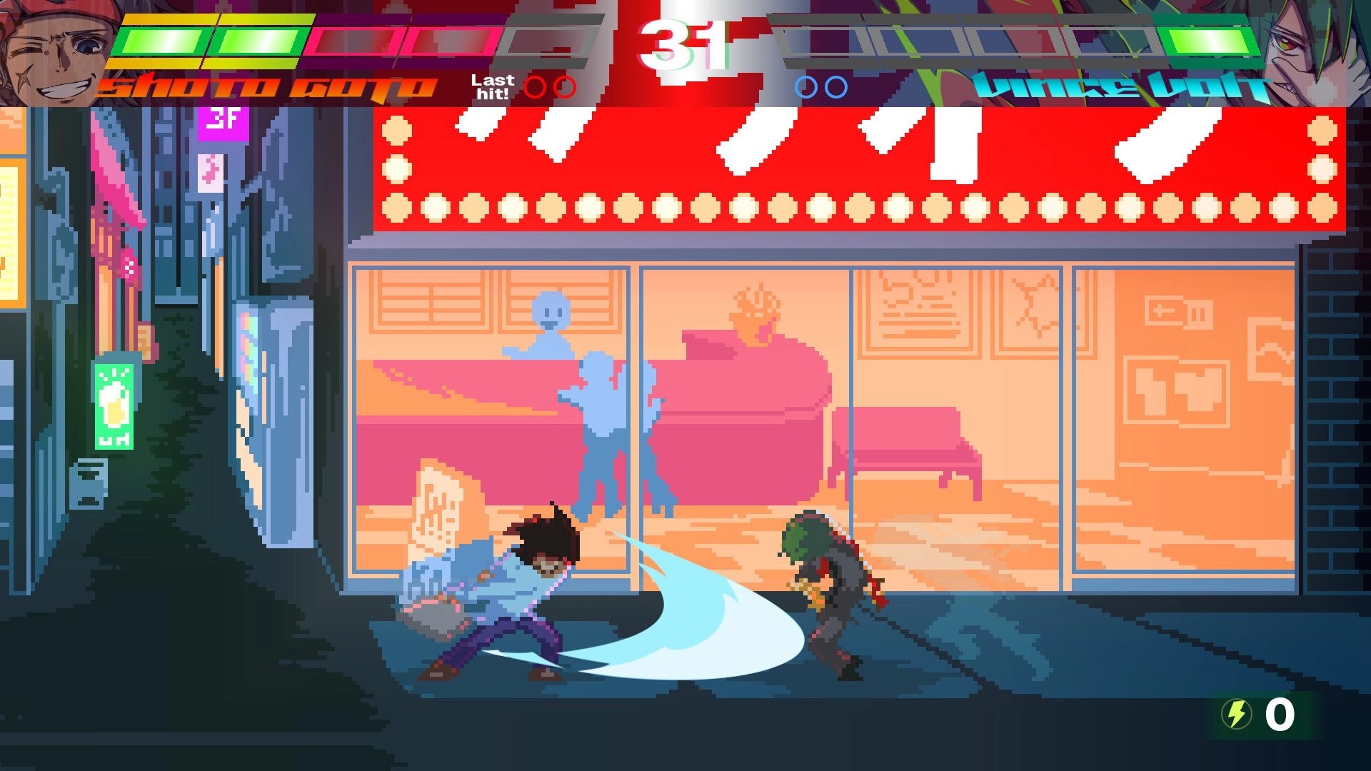 HYPERFIGHT 2: Two fighters clash with a sweeping slash on a neon city street, timer at 31.