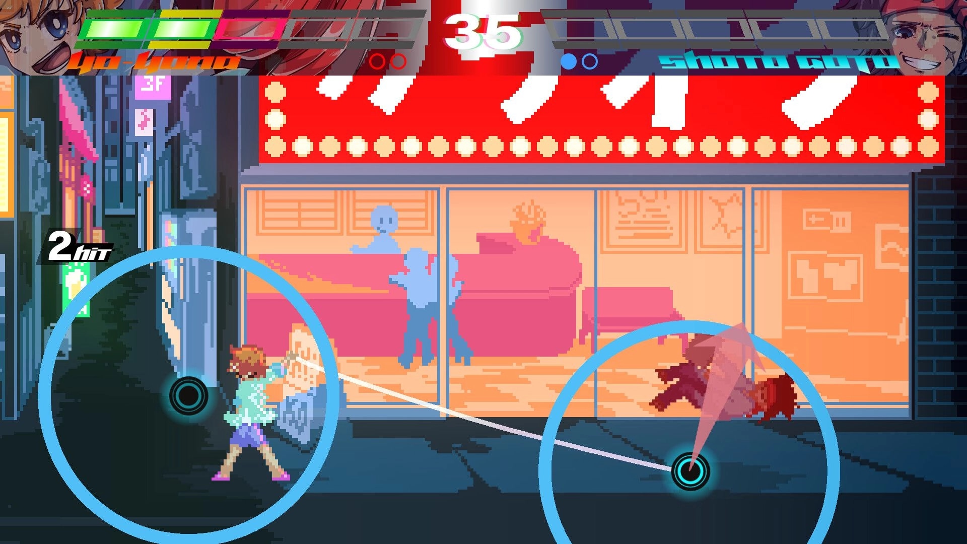 HYPERFIGHT 2: 2-hit combo as fighter strikes foe in neon street, timer 35 and meter bars up top.