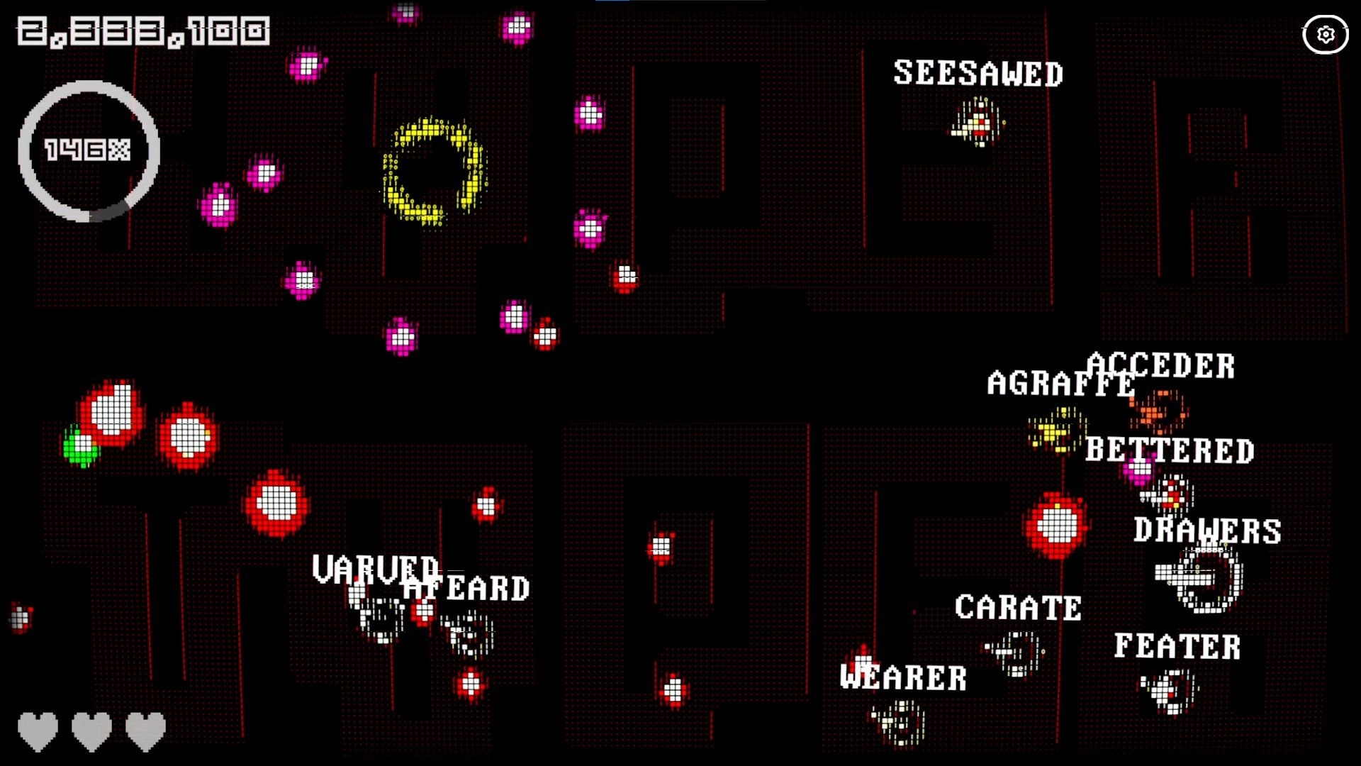 HyperTyper 2000: Dodging colorful bullets while typing words in a dark maze environment.