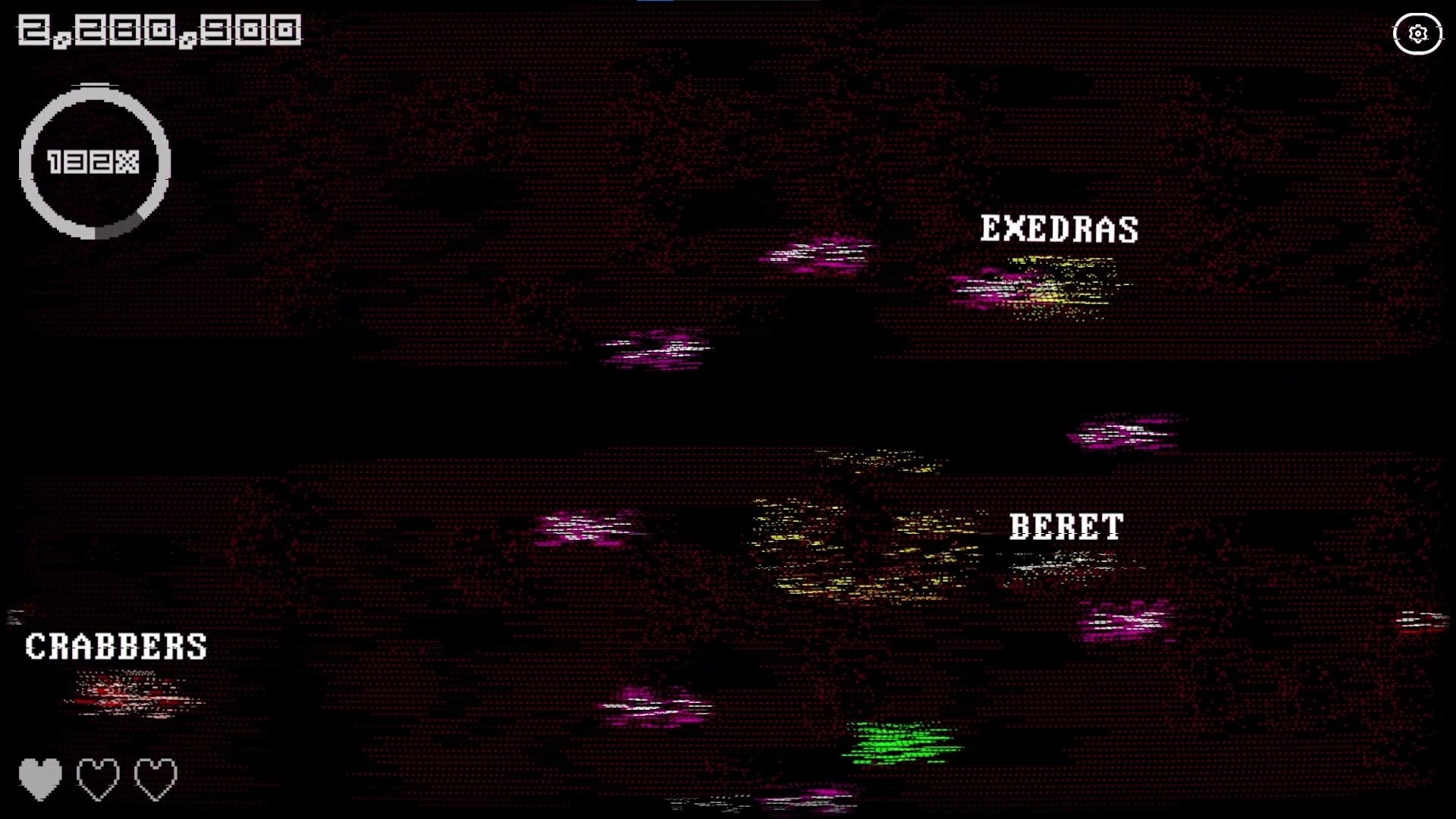 HyperTyper 2000: Dodging enemies labeled Exedras, Beret, Crabbbers; score at top left, two hearts.