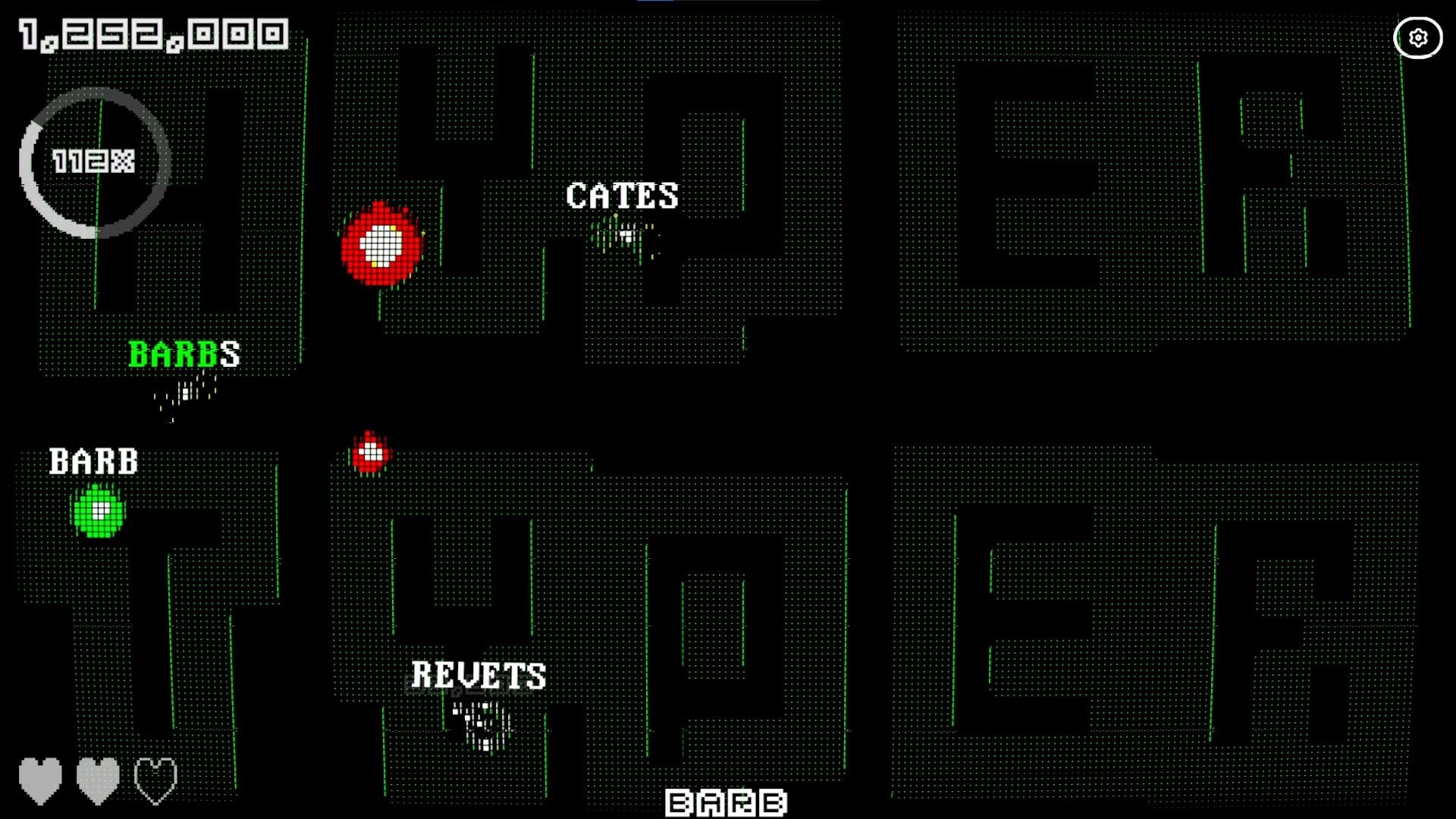 HyperTyper 2000: Navigating maze while dodging red bullets, displaying score and multiplier in UI