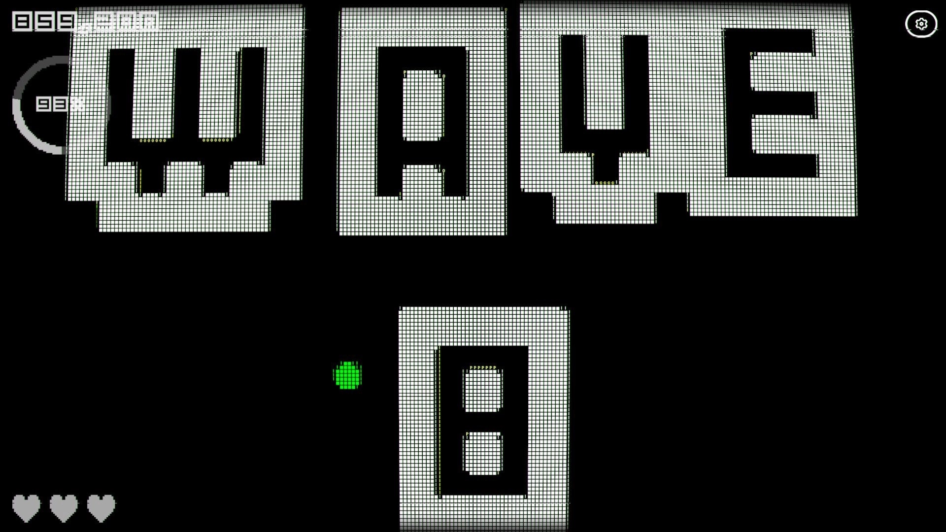 HyperTyper 2000: Wave indicator with pixelated design, score display, and three heart icons at bottom.