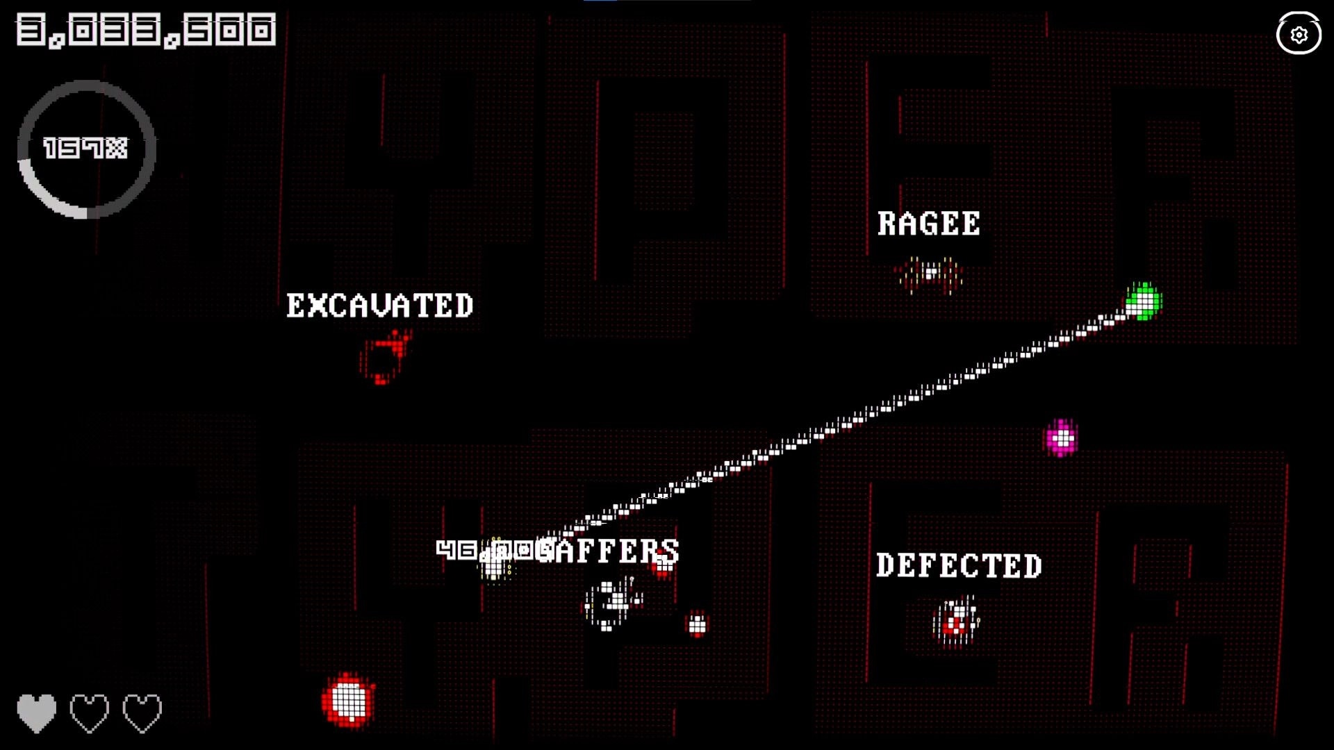 HyperTyper 2000: Player dodges projectiles while typing words like "EXCAVATED" in a dark maze.