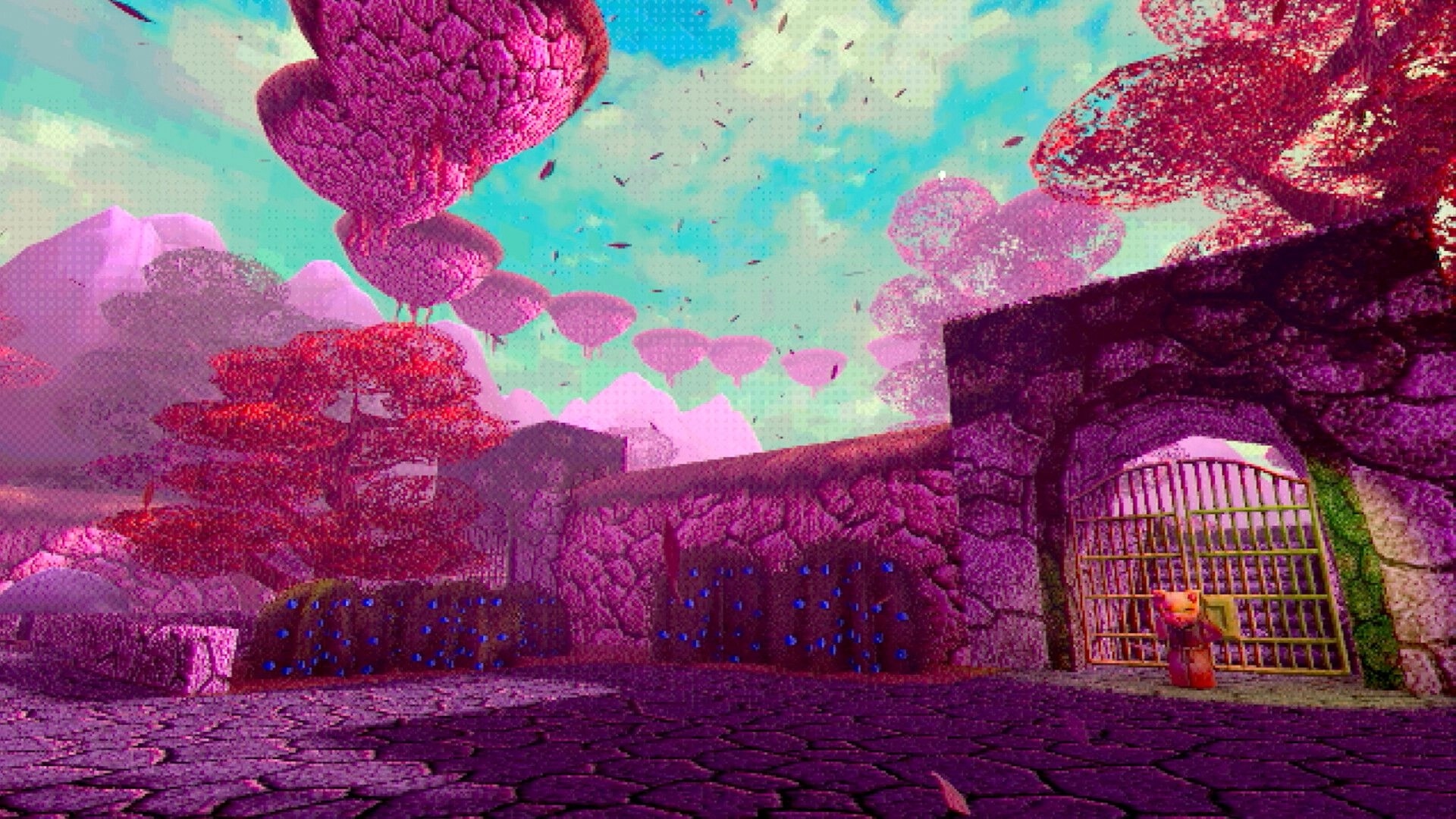 Hypnagogia 催眠術: Player stands by barred gate in purple rocky canyon with floating trees overhead.