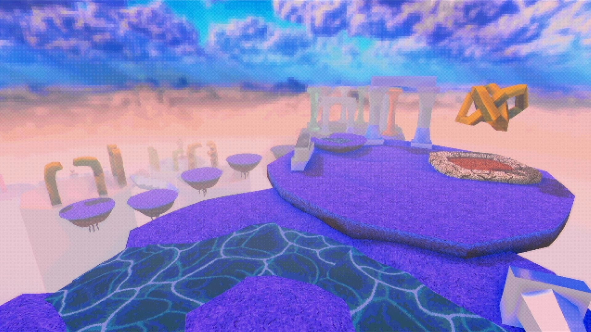 Hypnagogia 催眠術: View over floating purple platforms and arches in a pastel sky with a stone ring pit.