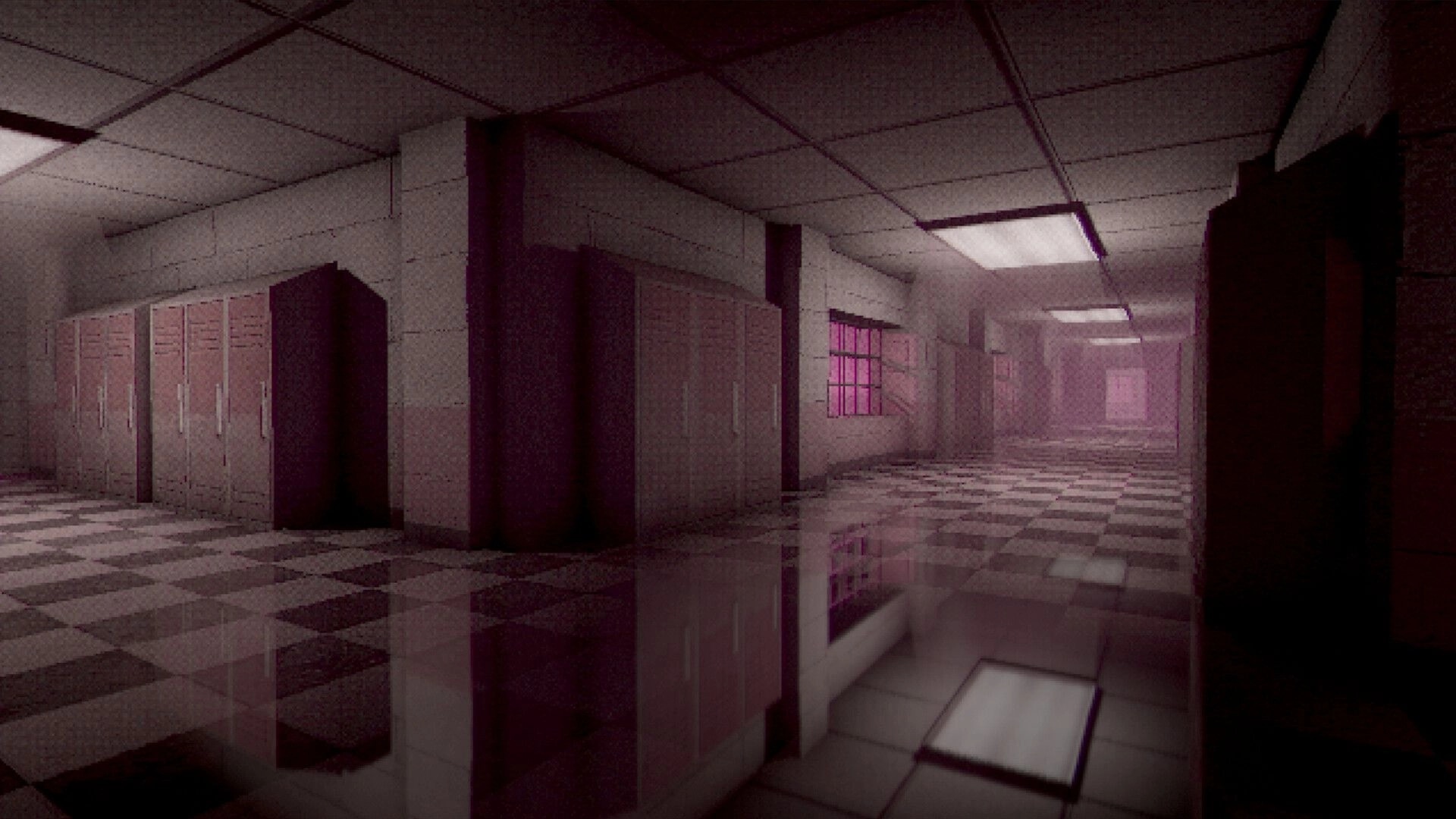 Hypnagogia 催眠術: First-person view down a dim school hallway with lockers, tiled floor, pink light.