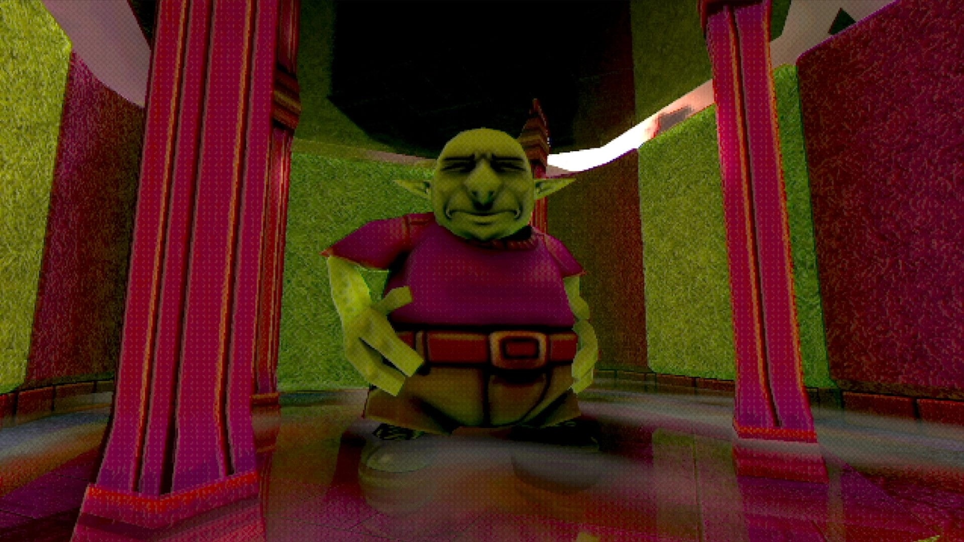 Hypnagogia 催眠術: Close-up of green goblin NPC between pink columns in a warped courtyard plaza.