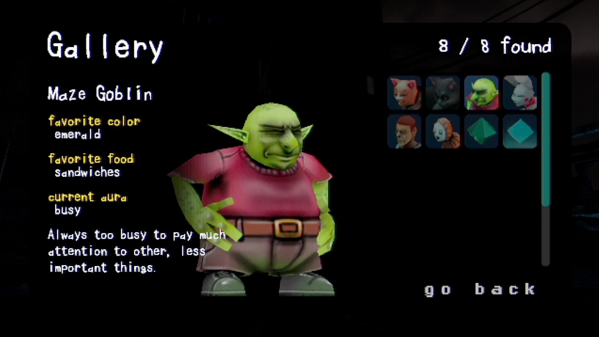 Hypnagogia 催眠術: Gallery menu showing Maze Goblin profile stats, 3D model, 8/8 icons found.