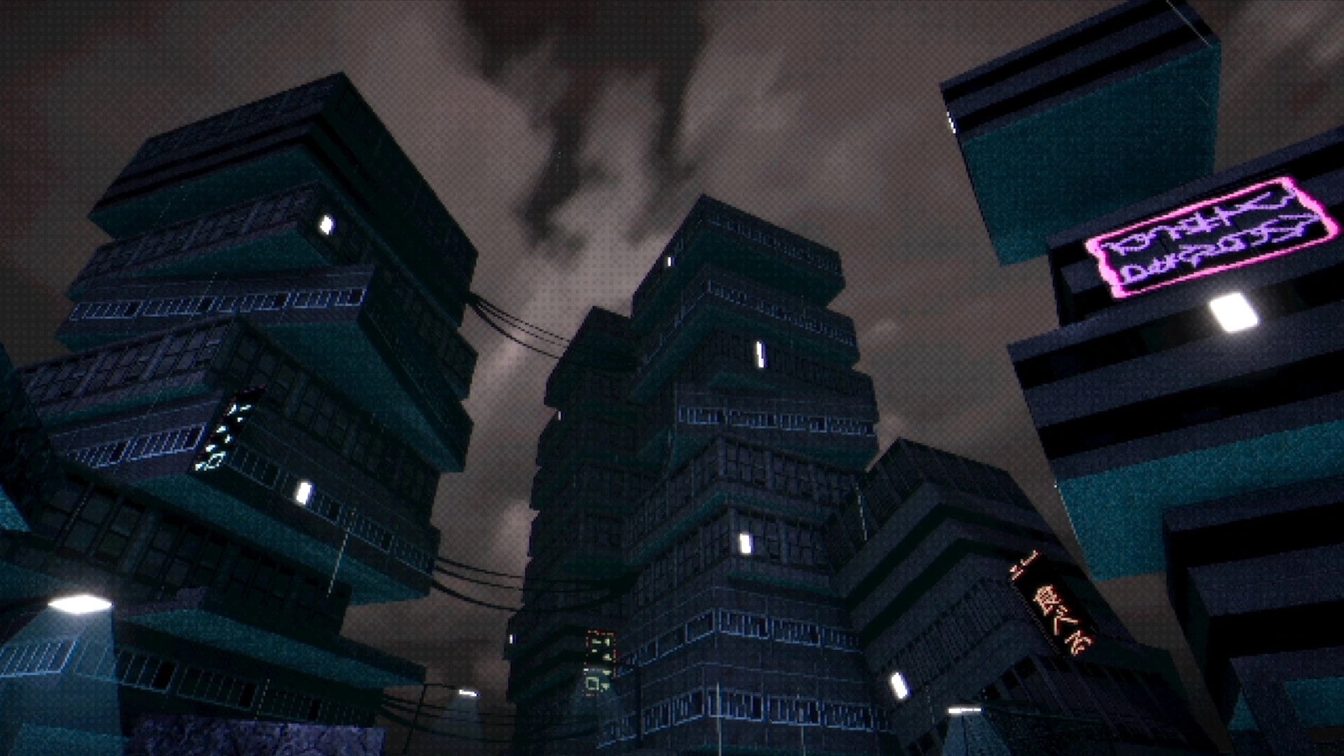 Hypnagogia 催眠術: Looking up at dark stacked high-rises with neon signs under swirling storm clouds.