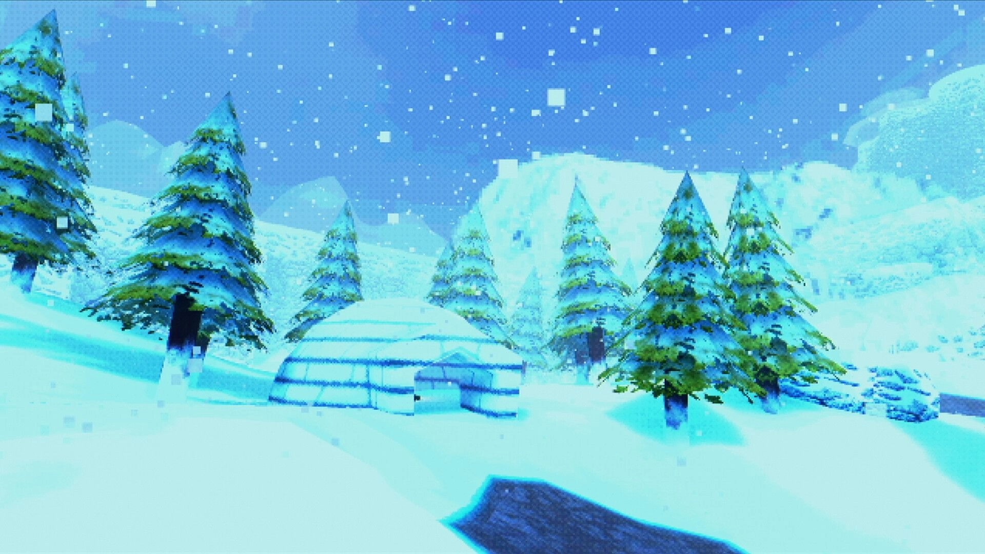 Hypnagogia 催眠術: Snowy igloo among pine trees in a blizzard, icy mountains under pixelated snowfall.