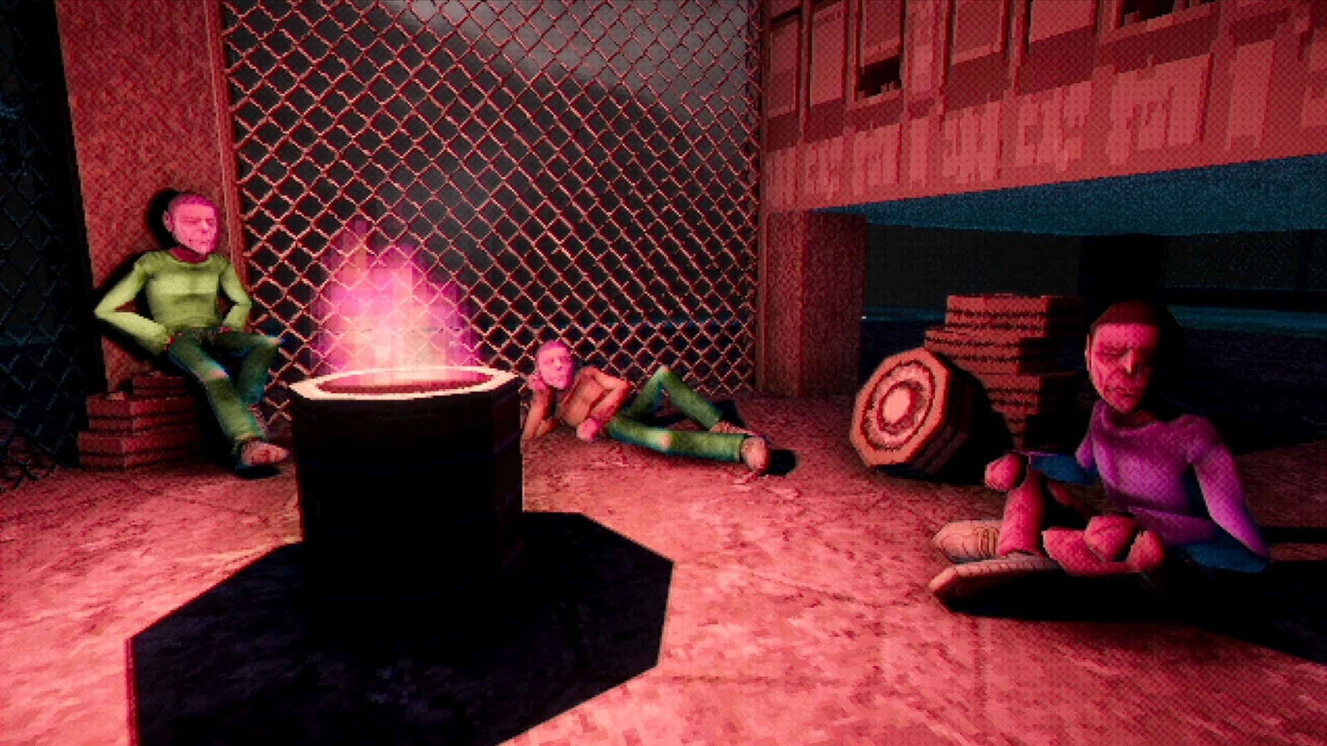 Hypnagogia 催眠術: Three eerie NPCs lounge by a glowing brazier in a fenced, red-lit courtyard.