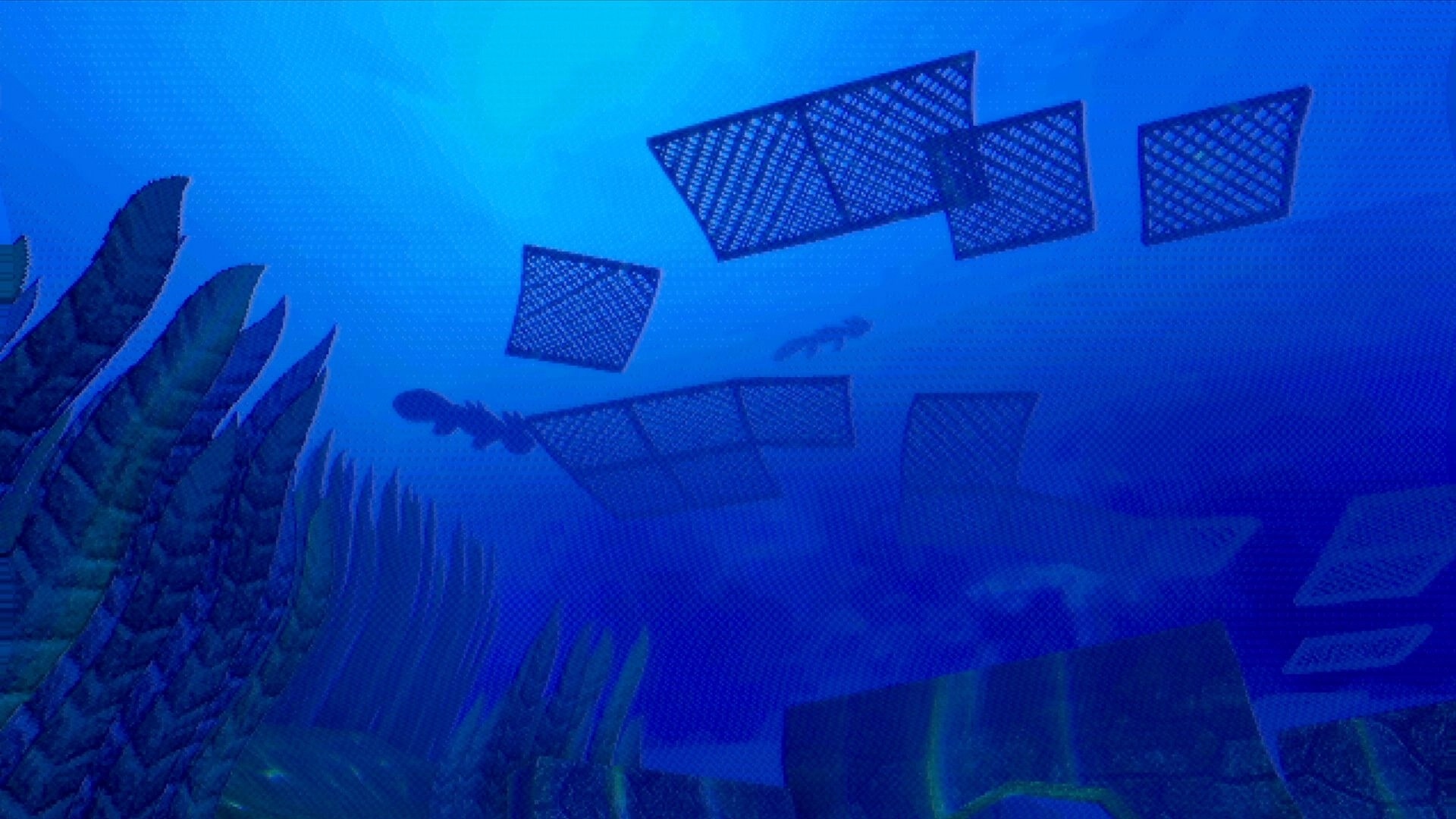 Hypnagogia 催眠術: Silhouetted diver swims past floating mesh platforms in a deep blue underwater void.