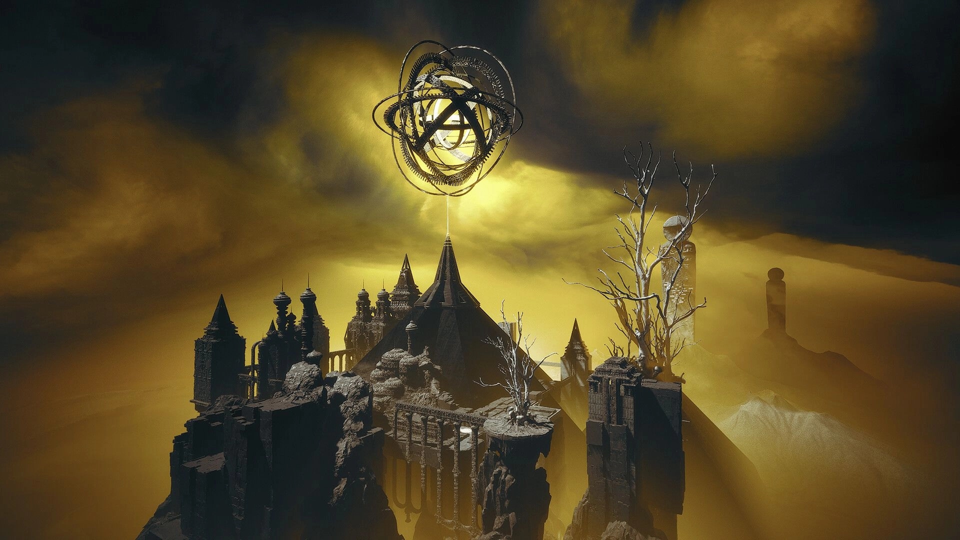 HYPNOS: Looming dark spires beneath a glowing orbital sphere in a foggy yellow dreamscape sky.