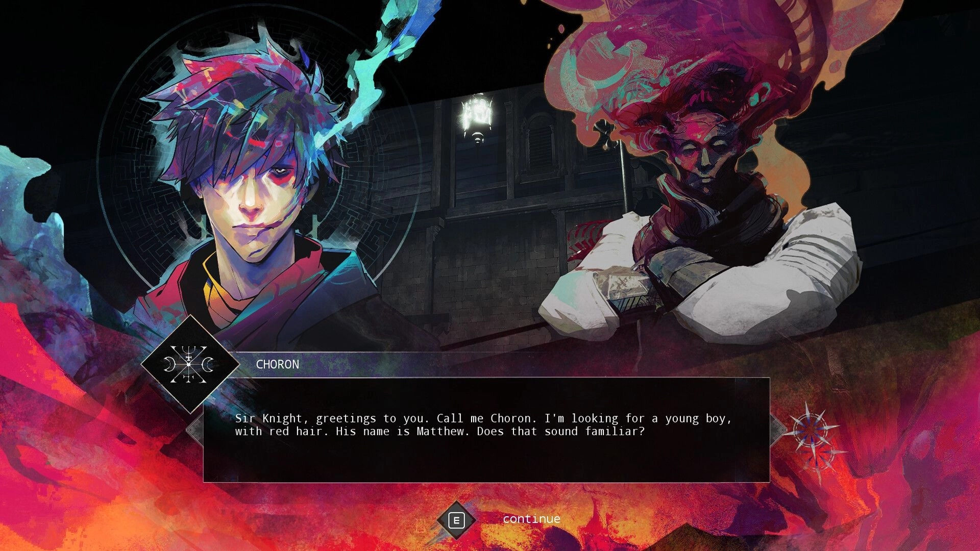HYPNOS: Dialogue scene with Charon portrait and text box in a dim stone corridor backdrop.
