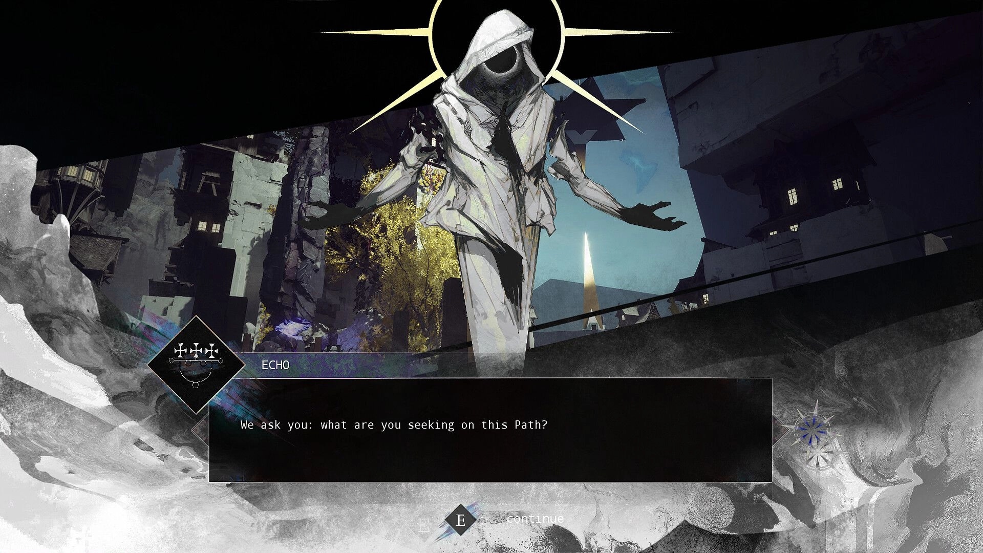 HYPNOS: Dialogue with Echo, a hooded figure, in ruined city streets under eerie blue sky.
